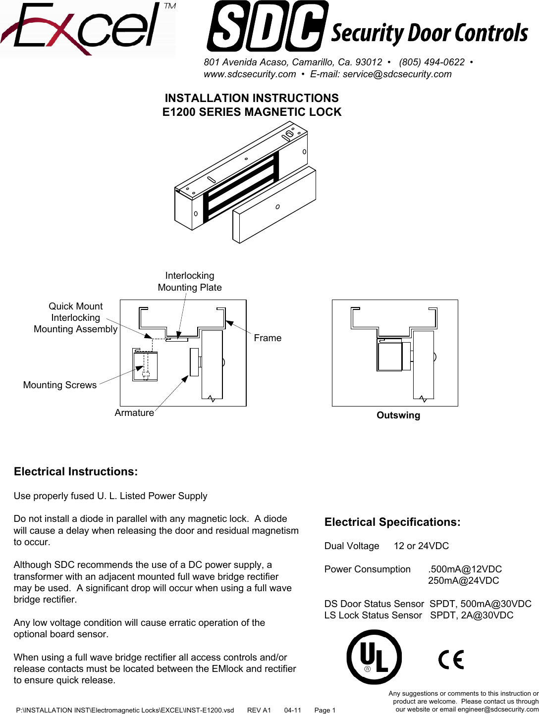 Page 1 of 4 - SDC INST-E1200 Installation Instructions E1200 Series Magnetic Lock