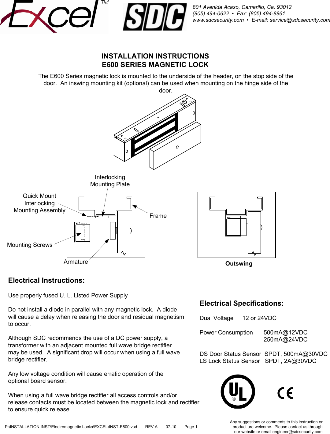 Page 1 of 4 - SDC Visio-INST-E600 E600 Magnetic Lock Installation Instructions INST-E600