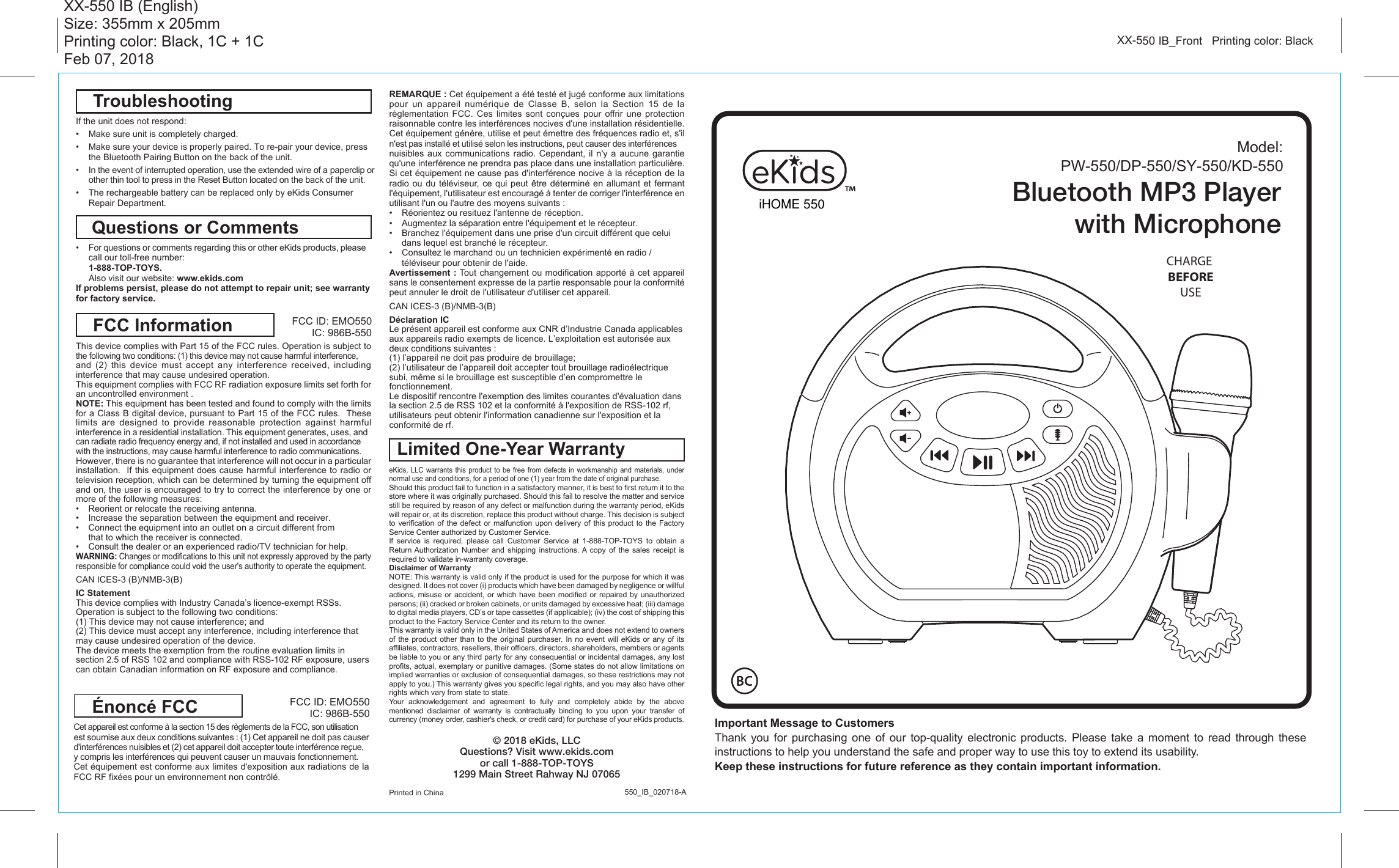 Page 1 of SDI Technologies 550 Bluetooth MP3 Player with Microphone User Manual XX 550 IB EngFr V2 07 02 18