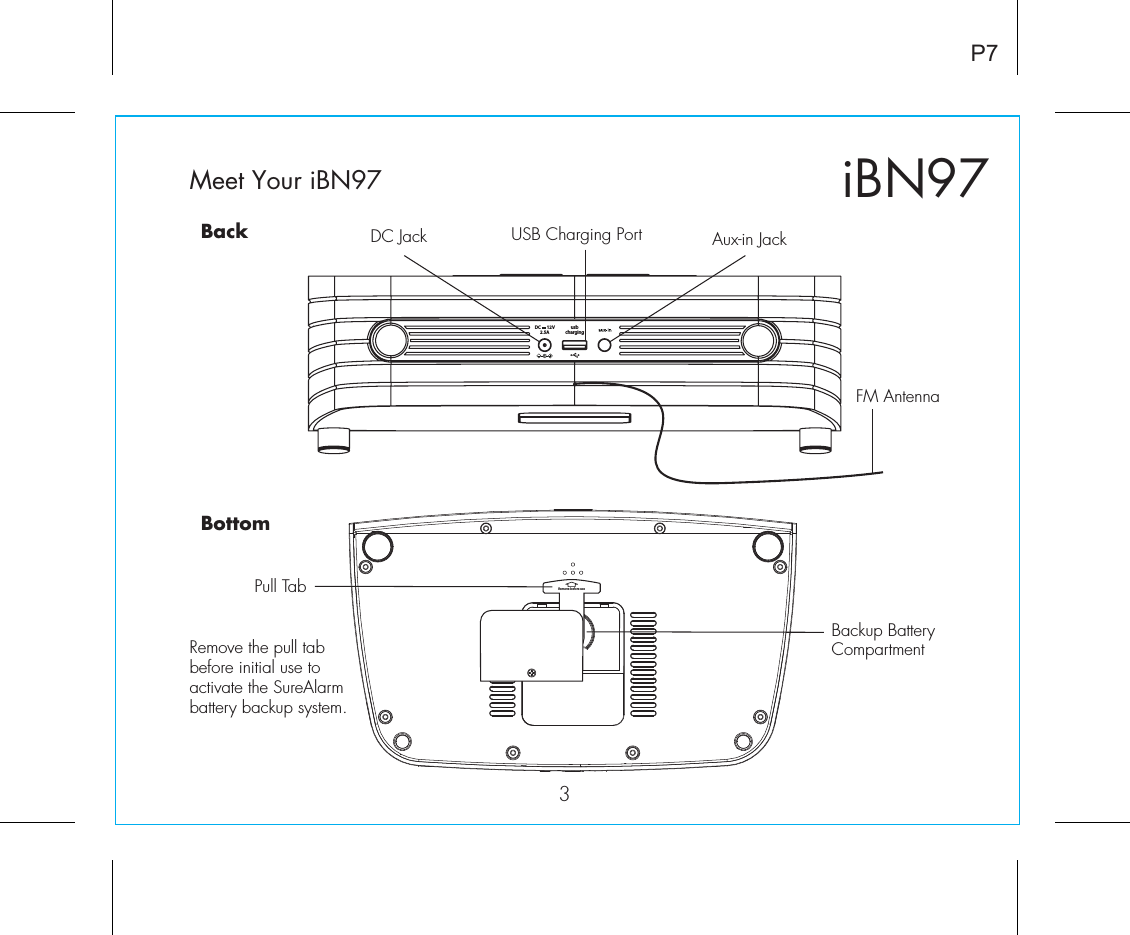 DC Jack USB Charging Port Aux-in JackiBN97P7Meet Your iBN97BackBottom3usbchargingDC      12V2.5AFM AntennaBackup Battery CompartmentRemove the pull tab before initial use to activate the SureAlarm battery backup system.Remove before usePull Tab