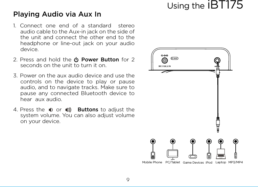 Playing Audio via Aux In1. Connect one end of a standard  stereo audio cable to the Aux-in jack on the side of the unit and connect the other end to the headphone or line-out jack on your audio device.  2. Press and hold the    Power Button for 2 seconds on the unit to turn it on.3. Power on the aux audio device and use the controls on the device to play or pause audio, and to navigate tracks. Make sure to pause any connected Bluetooth device to hear  aux audio. 4. Press the     or       Buttons to adjust the system volume. You can also adjust volume on your device. Using the iBT1759Mobile Phone Game Devices iPod LaptopPC/Tablet MP3/MP4
