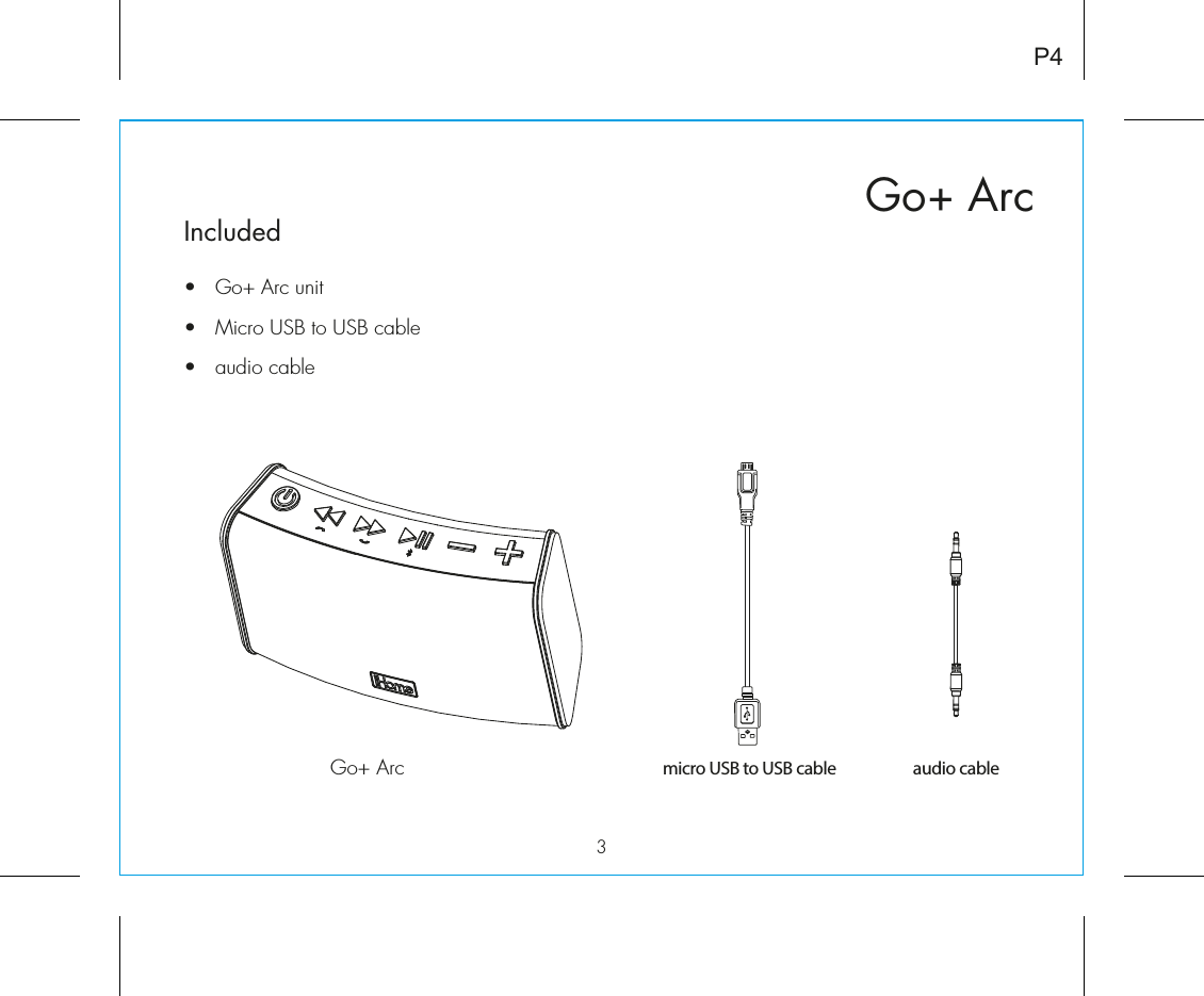 Go+ Arc3Included •  Go+ Arc unit•  Micro USB to USB cable•  audio cableP4micro USB to USB cableGo+ Arc audio cable