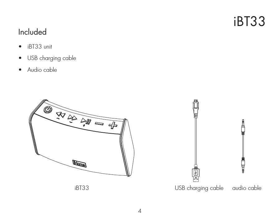 iBT334Included •  iBT33 unit•  USB charging cable•  Audio cableiBT33 USB charging cable audio cable