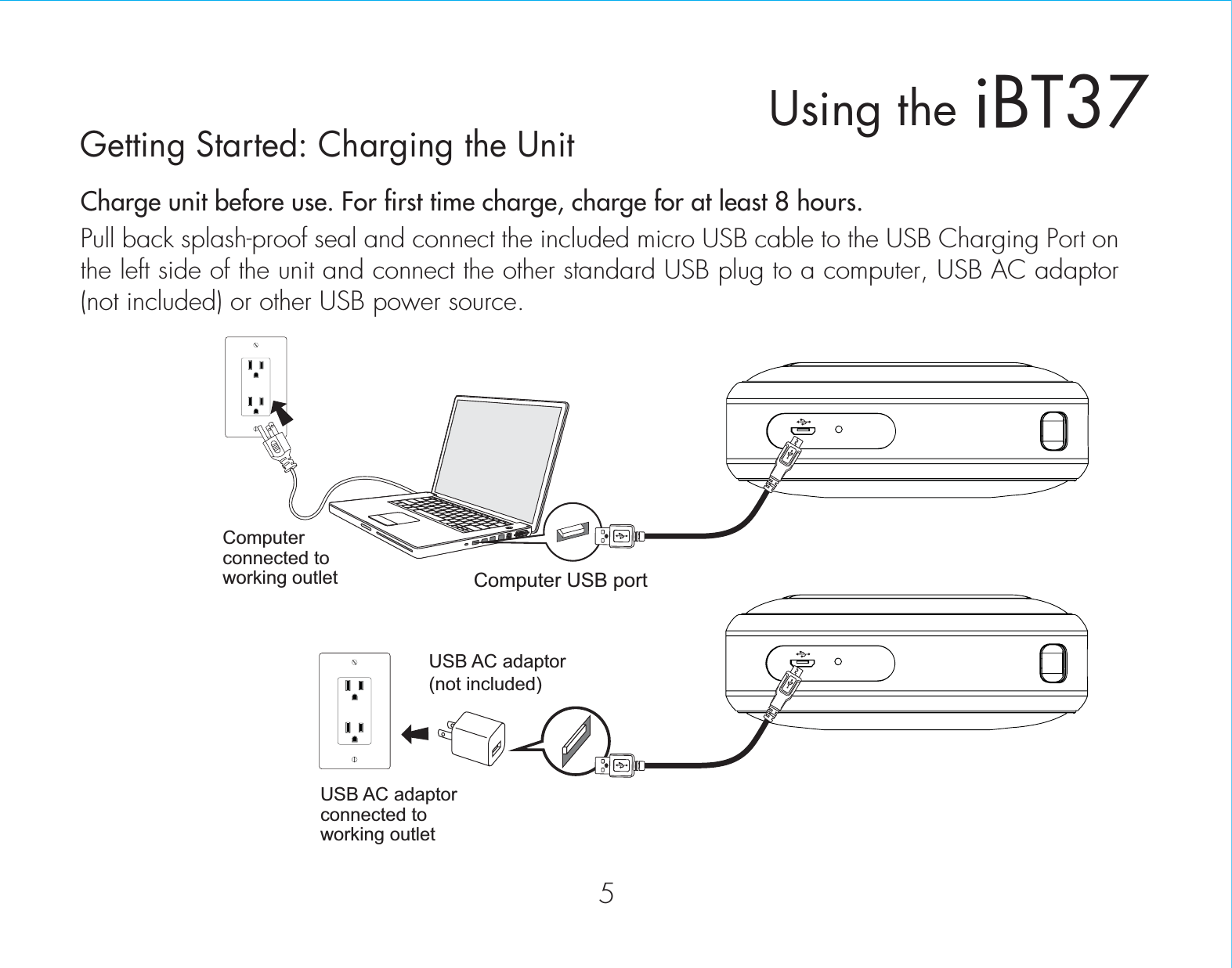 iBT37Using the5Getting Started: Charging the UnitCharge unit before use. For first time charge, charge for at least 8 hours. Pull back splash-proof seal and connect the included micro USB cable to the USB Charging Port on the left side of the unit and connect the other standard USB plug to a computer, USB AC adaptor (not included) or other USB power source.Computer USB portUSB AC adaptor(not included)USB AC adaptor connected toworking outletComputer connected to working outlet