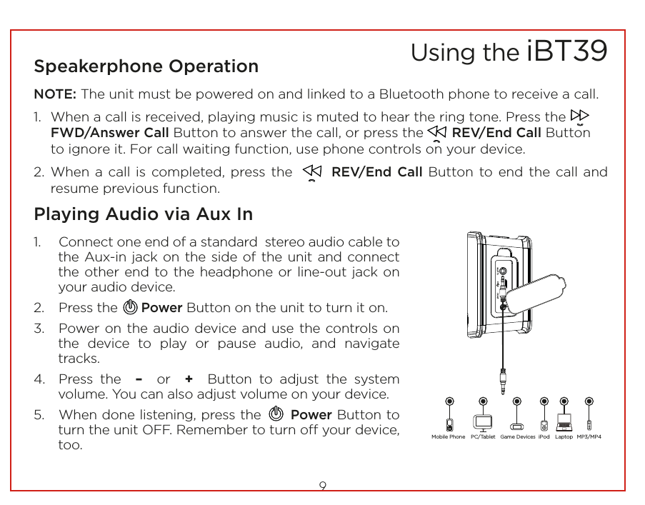 9Speakerphone OperationNOTE: The unit must be powered on and linked to a Bluetooth phone to receive a call.1.  When a call is received, playing music is muted to hear the ring tone. Press the       FWD/Answer Call Button to answer the call, or press the       REV/End Call Button to ignore it. For call waiting function, use phone controls on your device.2. When a call is completed, press the       REV/End Call Button to end the call and resume previous function.Playing Audio via Aux In1.  Connect one end of a standard  stereo audio cable to the Aux-in jack on the side of the unit and connect the other end to the headphone or line-out jack on your audio device.  2.  Press the      Power Button on the unit to turn it on.3.  Power on the audio device and use the controls on the device to play or pause audio, and navigate tracks.4.  Press the  –  or  +  Button to adjust the system volume. You can also adjust volume on your device. 5.  When done listening, press the      Power Button to turn the unit OFF. Remember to turn o your device, too.Using the iBT39Mobile Phone Game Devices iPod LaptopPC/Tablet MP3/MP4