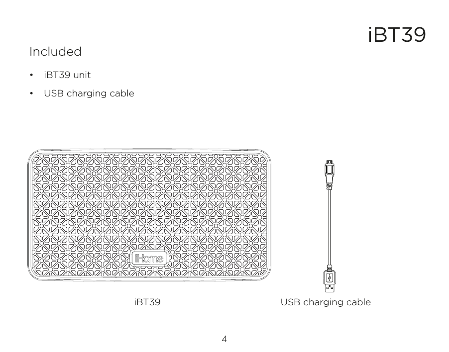 iBT394Included •  iBT39 unit•  USB charging cableiBT39 USB charging cable