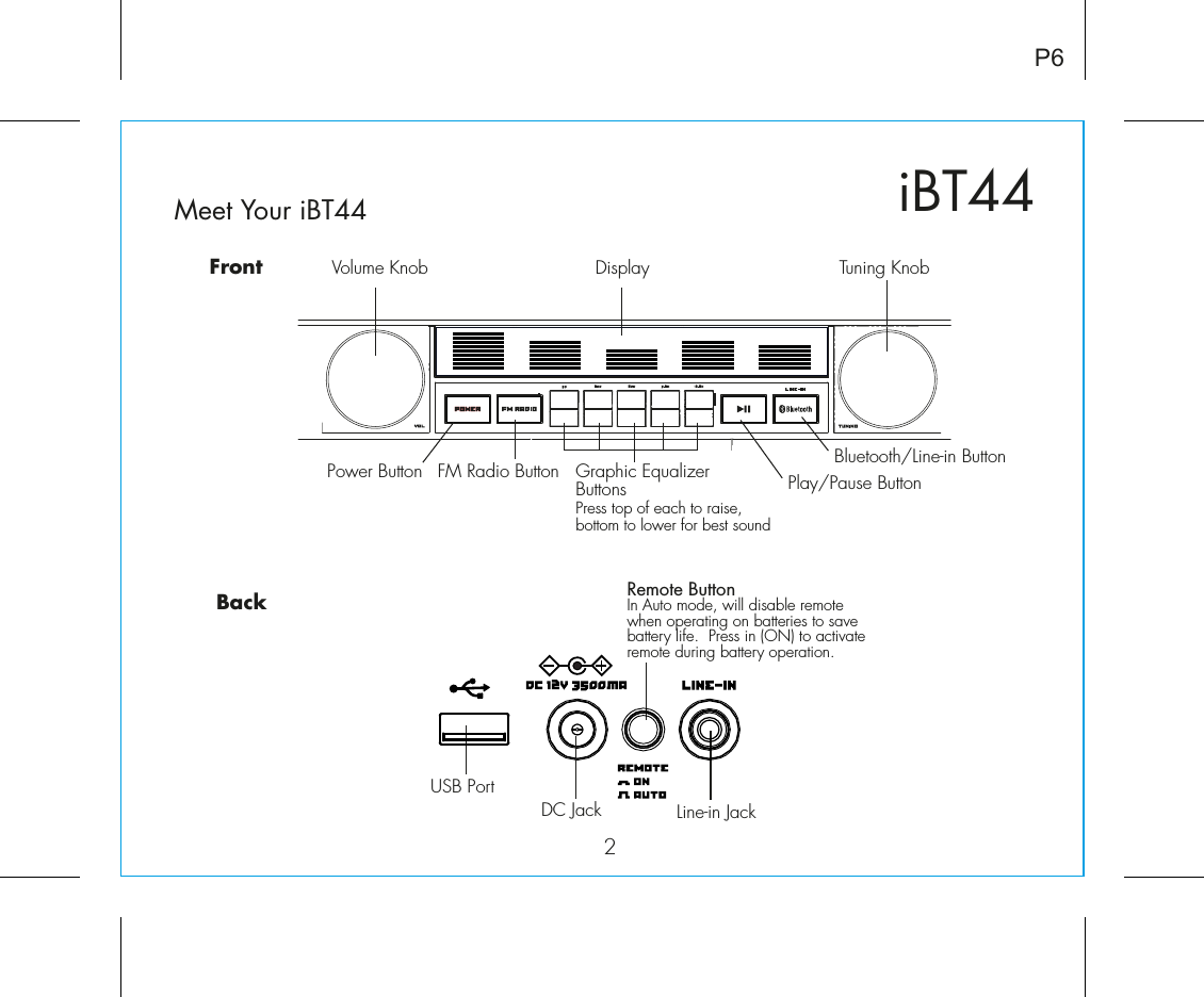 Meet Your iBT44iBT442P6BackFront Volume Knob Tuning KnobPlay/Pause ButtonBluetooth/Line-in ButtonPower Button FM Radio Button Graphic Equalizer ButtonsPress top of each to raise, bottom to lower for best soundDisplayRemote Button In Auto mode, will disable remotewhen operating on batteries to savebattery life.  Press in (ON) to activateremote during battery operation.DC JackUSB PortLine-in Jack