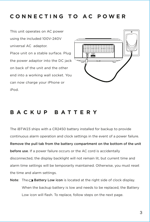 Page 4 of SDI Technologies IBTW23 Dual alarm Clock with Wireless Charging and USB Charge Port User Manual iPL23V2 EN IB 531