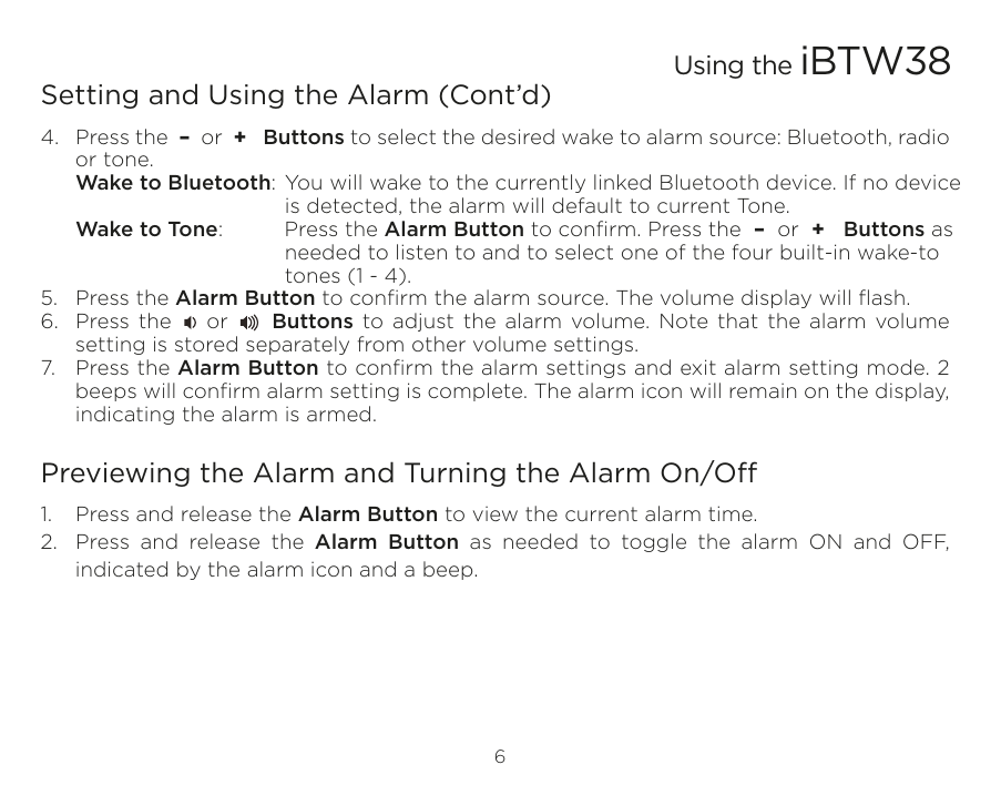 Page 7 of SDI Technologies IBTW38 Dual Alarm Clock Stereo Speaker System with Qi  Wireless Charging User Manual iBTW38 IB  EN  v2HK a