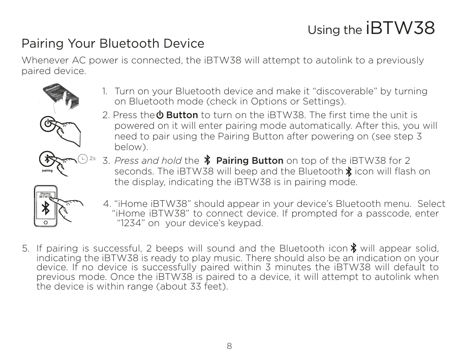 Page 9 of SDI Technologies IBTW38 Dual Alarm Clock Stereo Speaker System with Qi  Wireless Charging User Manual iBTW38 IB  EN  v2HK a