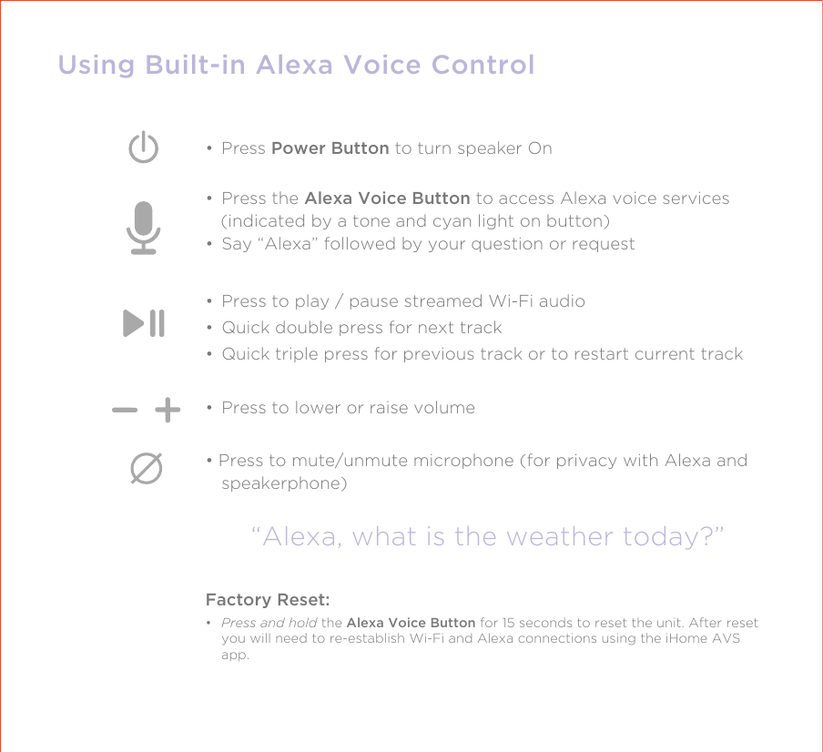 Using Built-in Alexa Voice Control• Press Power Button to turn speaker On•  Press the Alexa Voice Button to access Alexa voice services   (indicated by a tone and cyan light on button)•  Say “Alexa” followed by your question or request•  Press to play / pause streamed Wi-Fi audio•  Quick double press for next track•  Quick triple press for previous track or to restart current track•  Press to lower or raise volume• Press to mute/unmute microphone (for privacy with Alexa and speakerphone)“Alexa, what is the weather today?”Factory Reset: •  Press and hold the Alexa Voice Button for 15 seconds to reset the unit. After reset you will need to re-establish Wi-Fi and Alexa connections using the iHome AVS app.