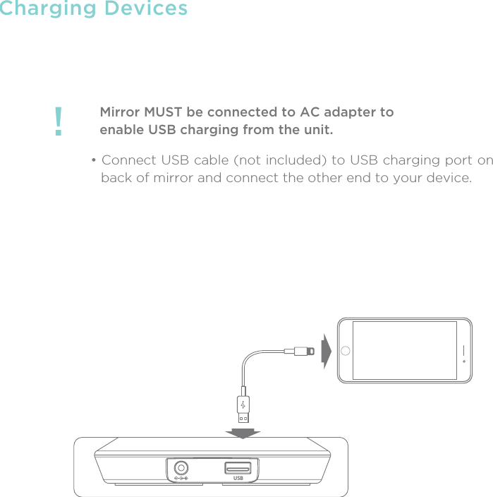 Charging DevicesMirror MUST be connected to AC adapter toenable USB charging from the unit.!• Connect USB cable (not included) to USB charging port on back of mirror and connect the other end to your device. USB