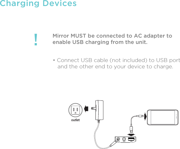 Charging DevicesMirror MUST be connected to AC adapter toenable USB charging from the unit.!• Connect USB cable (not included) to USB port   and the other end to your device to charge.AUX USBoutlet