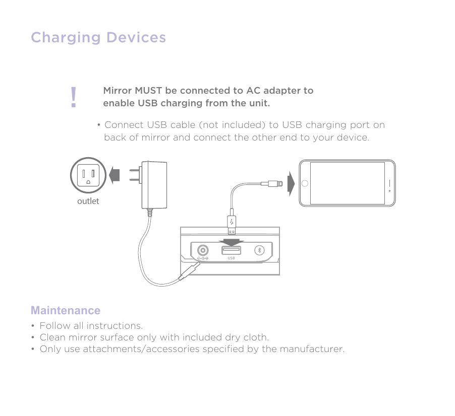 Charging DevicesMirror MUST be connected to AC adapter toenable USB charging from the unit.!• Connect USB cable (not included) to USB charging port on back of mirror and connect the other end to your device. Maintenance•  Follow all instructions.•  Clean mirror surface only with included dry cloth.•  Only use attachments/accessories speciﬁed by the manufacturer.outletUSB