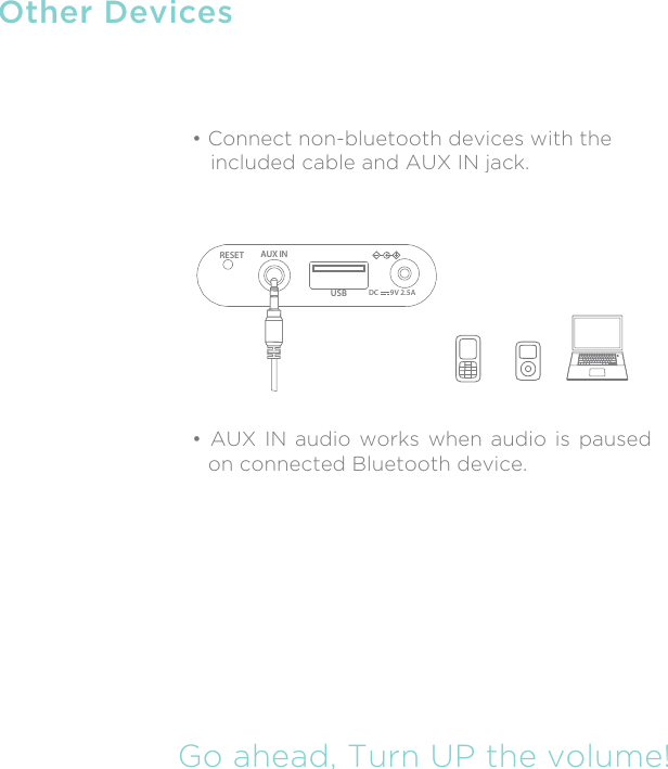 Other Devices• Connect non-bluetooth devices with the   included cable and AUX IN jack.•  AUX  IN  audio  works  when  audio is paused on connected Bluetooth device.USBAUX INRESETDC       9V 2.5AGo ahead, Turn UP the volume!