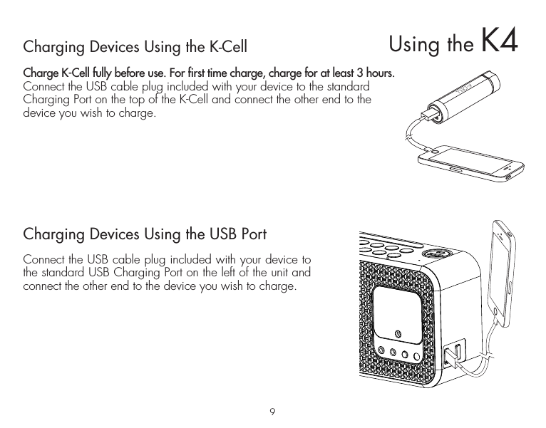 9Charging Devices Using the K-CellCharge K-Cell fully before use. For first time charge, charge for at least 3 hours. Connect the USB cable plug included with your device to the standard Charging Port on the top of the K-Cell and connect the other end to the device you wish to charge.  Charging Devices Using the USB PortConnect the USB cable plug included with your device to the standard USB Charging Port on the left of the unit and connect the other end to the device you wish to charge. Using the K4