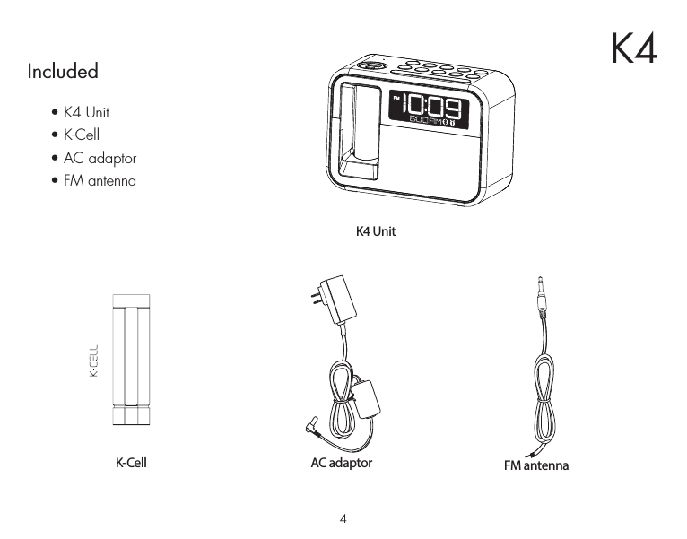 4K4Included • K4 Unit• K-Cell• AC adaptor• FM antennaK-CellK4 UnitAC adaptor FM antenna