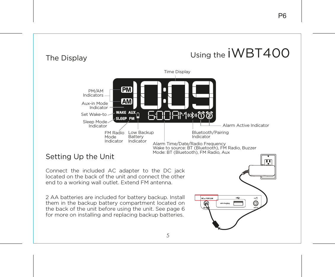 RESETRESETTESTTESTUsing the iWBT400The Display5P6Alarm Active IndicatorAux-in ModeIndicatorSet Wake-toSleep ModeIndicatorFM Radio Mode IndicatorBluetooth/PairingIndicatorPM/AMIndicatorsAlarm Time/Date/Radio FrequencyWake to source: BT (Bluetooth), FM Radio, BuzzerMode: BT (Bluetooth), FM Radio, AuxTime DisplayLow Backup Battery IndicatorSetting Up the UnitConnect the included AC adapter to the DC jack located on the back of the unit and connect the other end to a working wall outlet. Extend FM antenna. 2 AA batteries are included for battery backup. Install them in the backup battery compartment located on the back of the unit before using the unit. See page 6 for more on installing and replacing backup batteries.DC      7.5V 2.3A