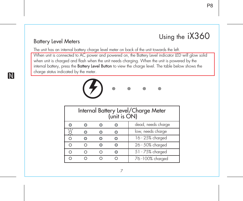 7P8Battery Level Meters The unit has an internal battery charge level meter on back of the unit towards the left. When unit is connected to AC power and powered on, the Battery Level indicator LED will glow solid when unit is charged and flash when the unit needs charging. When the unit is powered by the internal battery, press the Battery Level Button to view the charge level. The table below shows the charge status indicated by the meter.Internal Battery Level/Charge Meter (unit is ON)dead, needs chargelow, needs charge51 - 75% charged76 -100% charged26 - 50% charged16 - 25% chargedUsing the iX360