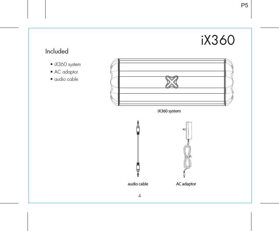 4P5iX360Included • iX360 system• AC adaptor• audio cableiX360 systemaudio cable AC adaptor