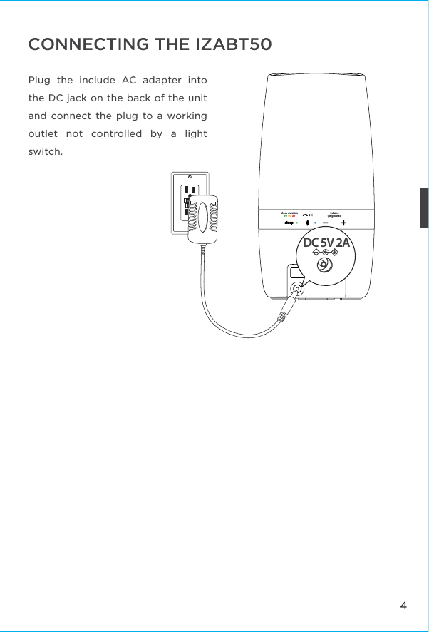 4CONNECTING THE IZABT50 Plug the include AC adapter into the DC jack on the back of the unit and connect the plug to a working outlet not controlled by a light switch. aromatherapysleep duration volume(brightness)6090 30  DC 5V 2A