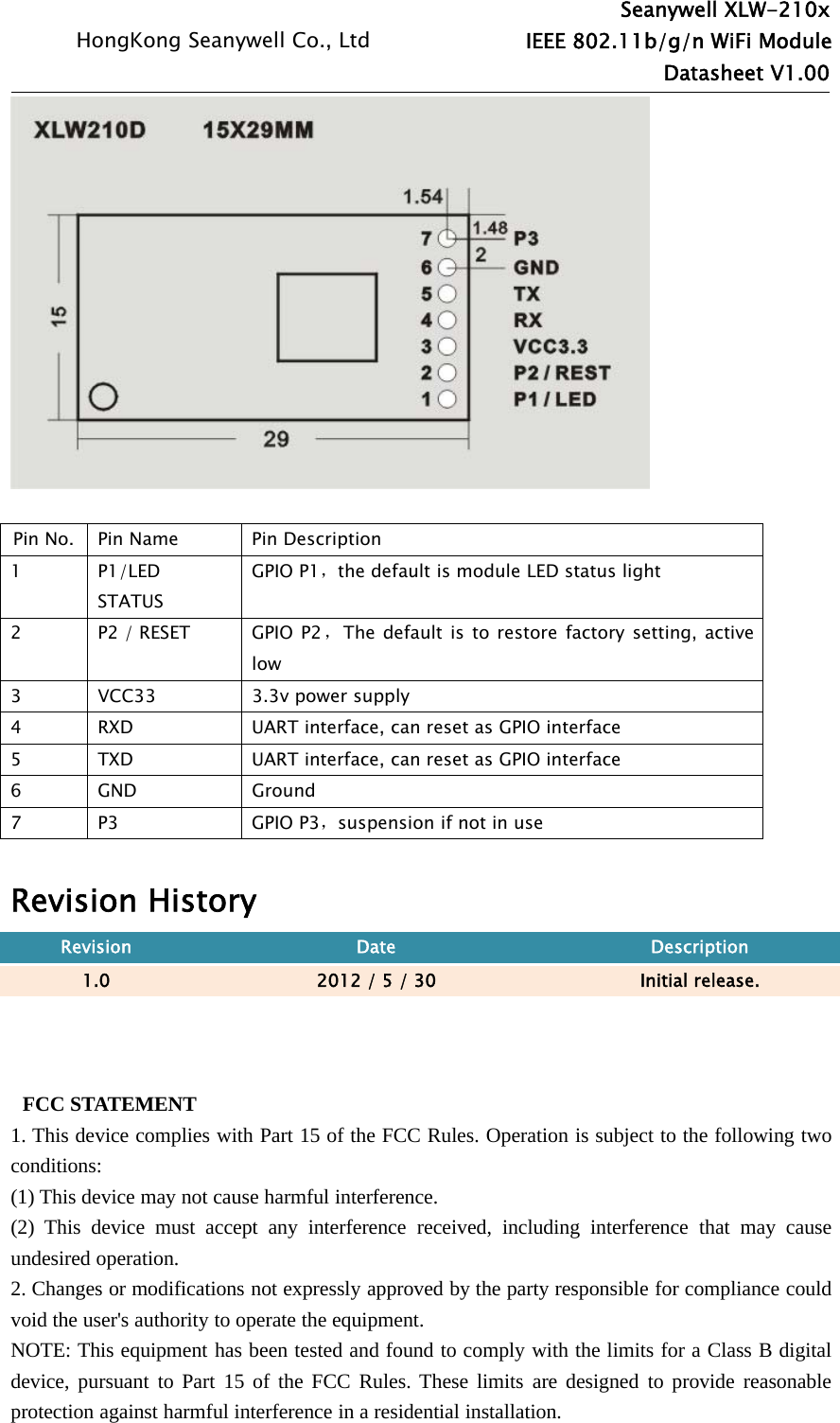 Seanywell XLW-210xHongKong Seanywell Co., Ltd IEEE 802.11b/g/n WiFi ModuleDatasheet V1.00Pin No. Pin Name Pin Description1P1/LEDSTATUSGPIO P1，the default is module LED status light2P2/RESETGPIOP2，The default is to restore factory setting, activelow3 VCC33 3.3v power supply4 RXD UART interface, can reset as GPIO interface5 TXD UART interface, can reset as GPIO interface6GND Ground7P3 GPIOP3，suspension if not in useRevision HistoryRevision Date Description1.0 2012 / 5 / 30 Initial release.FCC STATEMENT1. This device complies with Part 15 of the FCC Rules. Operation is subject to the following twoconditions:(1) This device may not cause harmful interference.(2) This device must accept any interference received, including interference that may causeundesired operation.2. Changes or modifications not expressly approved by the party responsible for compliance couldvoid the user&apos;s authority to operate the equipment.NOTE: This equipment has been tested and found to comply with the limits for a Class B digitaldevice, pursuant to Part 15 of the FCC Rules. These limits are designed to provide reasonableprotection against harmful interference in a residential installation.