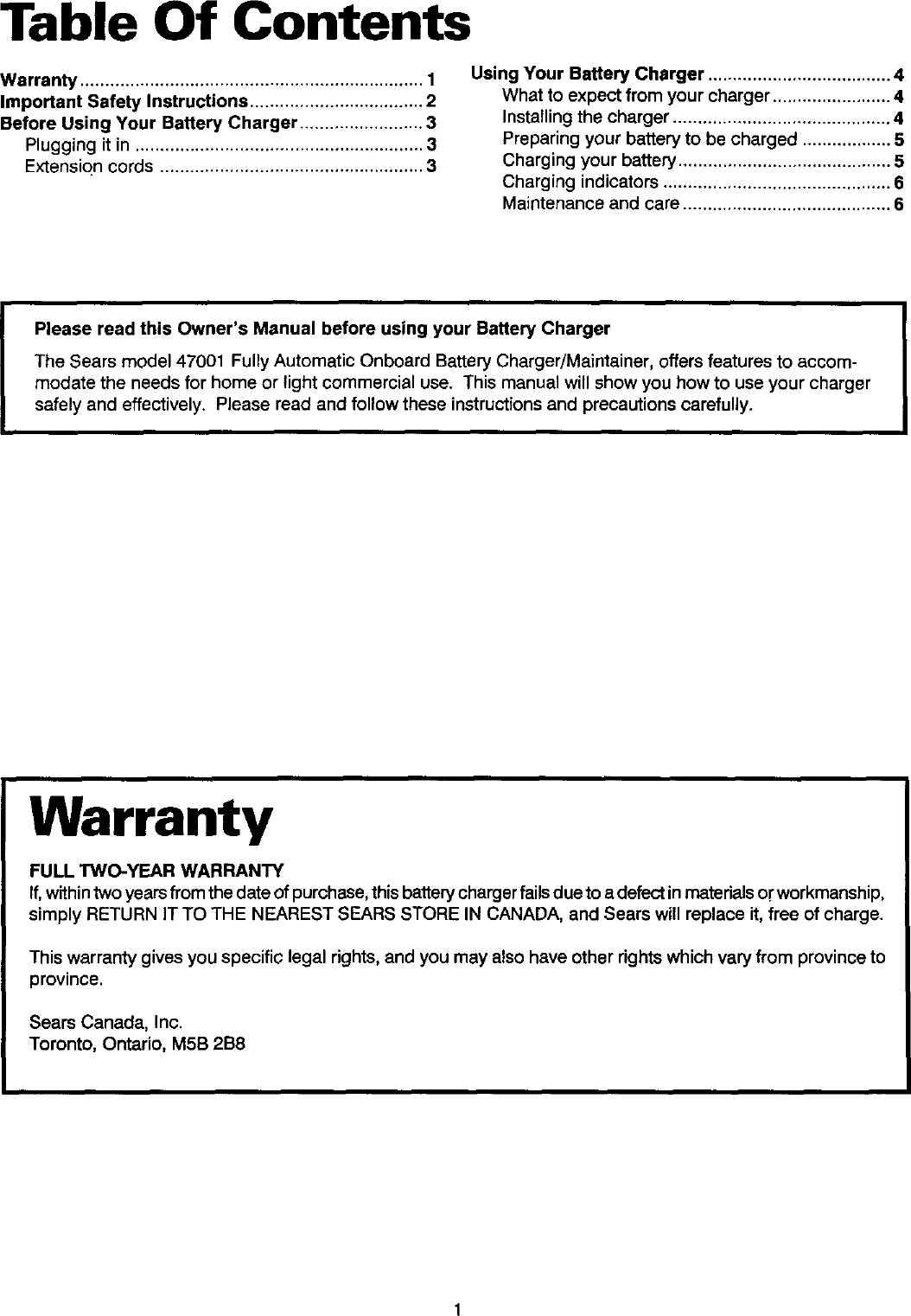 Page 2 of 8 - SEARS  Battery Charger Manual L0305345