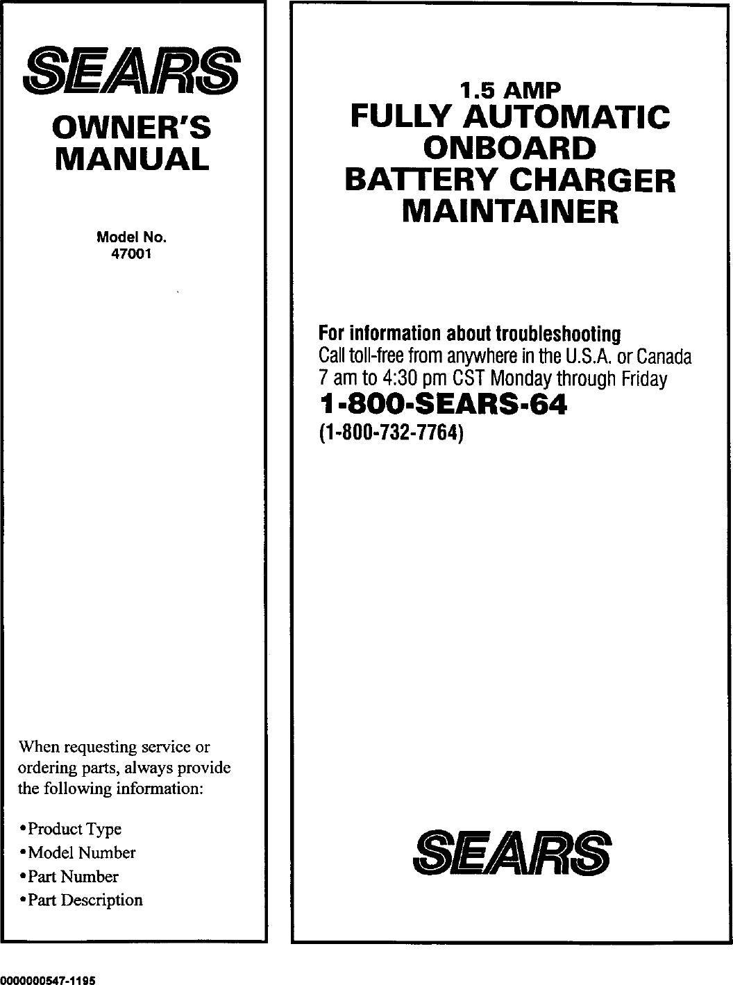 Page 8 of 8 - SEARS  Battery Charger Manual L0305345