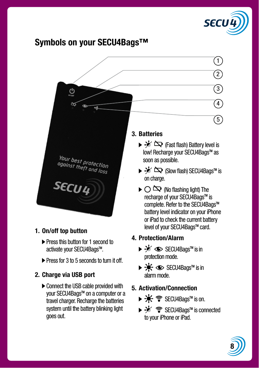 813452Symbols on your SECU4Bags&trade;             1.  On/off top button    Press this button for 1 second to activate your SECU4BagsTM.   Press for 3 to 5 seconds to turn it off.2.  Charge via USB port    Connect the USB cable provided with your SECU4BagsTM on a computer or a travel charger. Recharge the batteries system until the battery blinking light goes out.3.  Batteries              (Fast ﬂash) Battery level is low! Recharge your SECU4BagsTM as soon as possible.          (Slow ﬂash) SECU4BagsTM is on charge.           (No ﬂashing light) The recharge of your SECU4BagsTM is complete. Refer to the SECU4BagsTM battery level indicator on your iPhone or iPad to check the current battery level of your SECU4BagsTM card.4.  Protection/Alarm            SECU4BagsTM is in protection mode.          SECU4BagsTM is in alarm mode.5.  Activation/Connection            SECU4BagsTM is on.           SECU4BagsTM is connected to your iPhone or iPad.