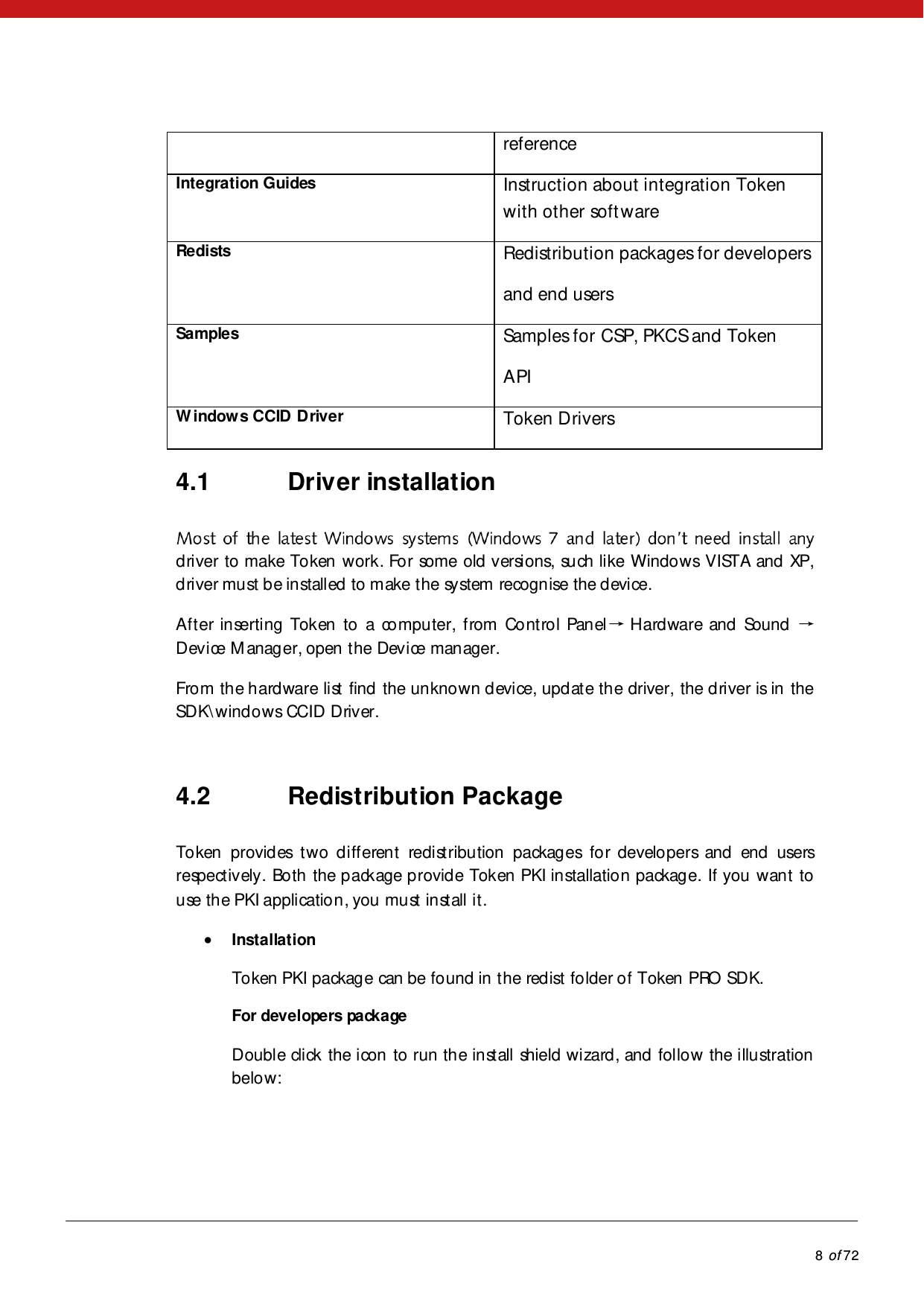            8 of 72  reference Integration Guides Instruction about integration Token with other soft ware Redists Redistribution packages for developers and end users Samples Samples for CSP, PKCS and Token API W indows CCID Driver Token Drivers 4.1 Driver installation driver to make Token work. For some old versions, such like Windows VISTA and XP, driver must be installed to make the system recognise the device.  After inserting Token to a computer, from Control Panel→ Hardware and Sound  → Device M anager, open the Device manager.  From the hardware list find the unknown device, update the driver, the driver is in the SDK\windows CCID Driver.  4.2 Redistribution Package Token provides two different redistribution packages for developers and end users respectively. Both the package provide Token PKI installation package. If you want to use the PKI application, you must install it.  Installation Token PKI package can be found in the redist folder of Token PRO SDK. For developers package Double click the icon to run the install shield wizard, and follow the illustration belo w: 