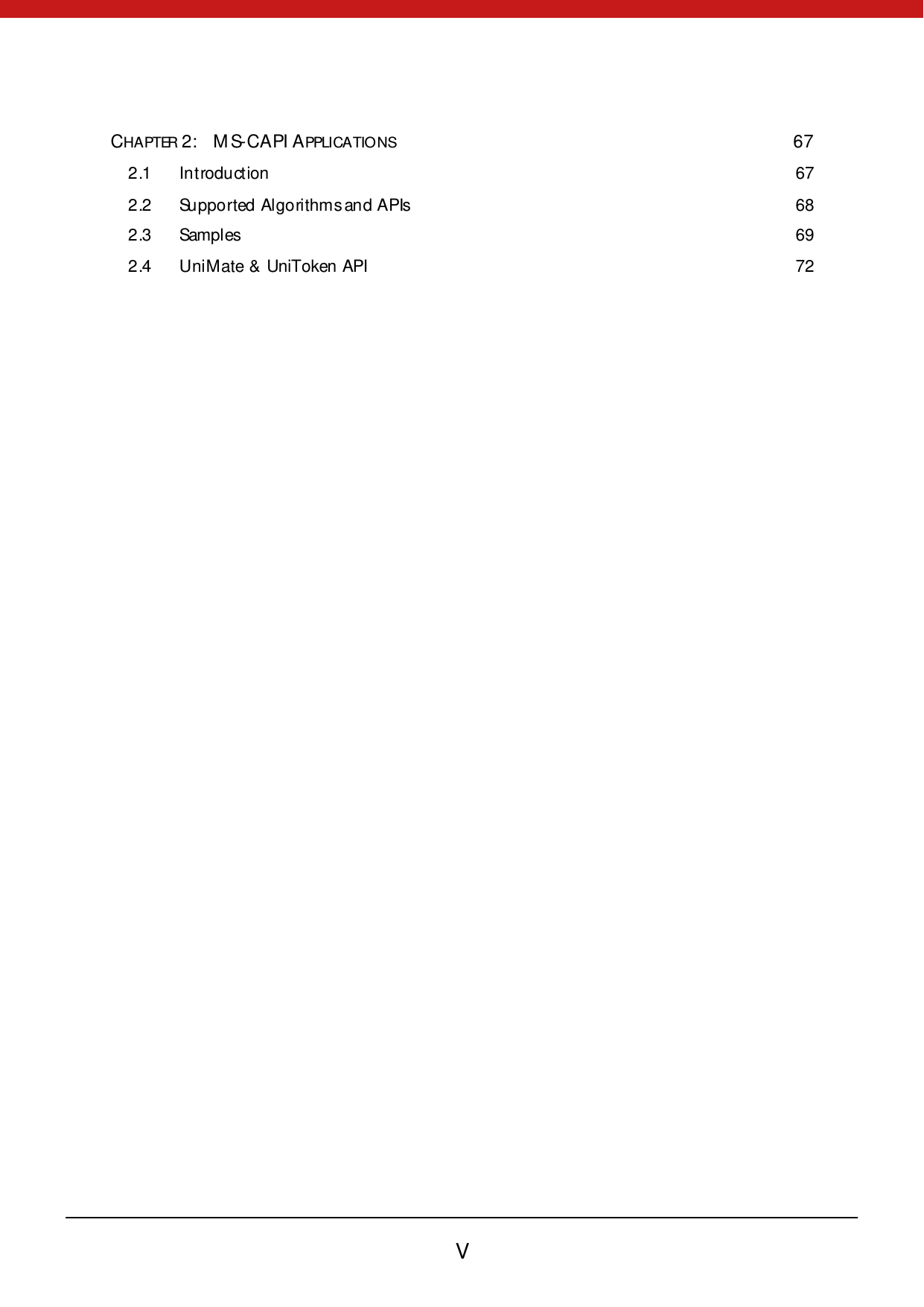        V  CHAPTER 2: M S-CAPI APPLICATIONS 67 2 .1 Introduction 67 2 .2 Supported Algorithms and APIs 68 2 .3 Samples 69 2 .4 UniMate &amp; UniToken API 72   