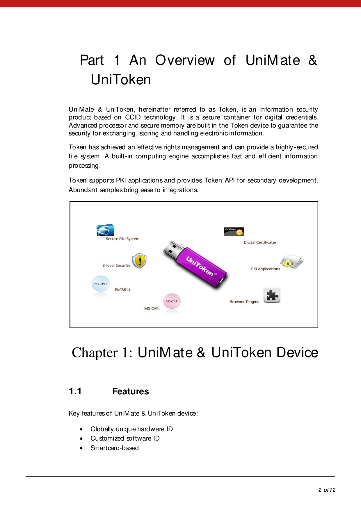            2 of 72  Part 1 An Overview of UniM ate &amp; UniToken UniMate &amp; UniToken,  h ereinafter referred to as Token,  is an  in fo rmatio n secu ri ty product based on CCID technology. It is a secure container for digital credentials. Advanced processor and secure memory are built in the Token device to guarantee the secu ri ty  fo r ex changing , sto ring and handling electronic information. Token has achieved an effective rights management and can provide a highly -secu red file system. A built-in computing engine accomplishes fast and efficient information processing. Token supports PKI applications and provides  Token  API for secondary development. Abundant samples bring ease to integrations.  Chapter 1: UniM ate &amp; UniToken Device 1.1 Features Key features of UniM ate &amp;  UniToken device:  Globally unique hardware ID  Customized software ID  Smartcard-based 