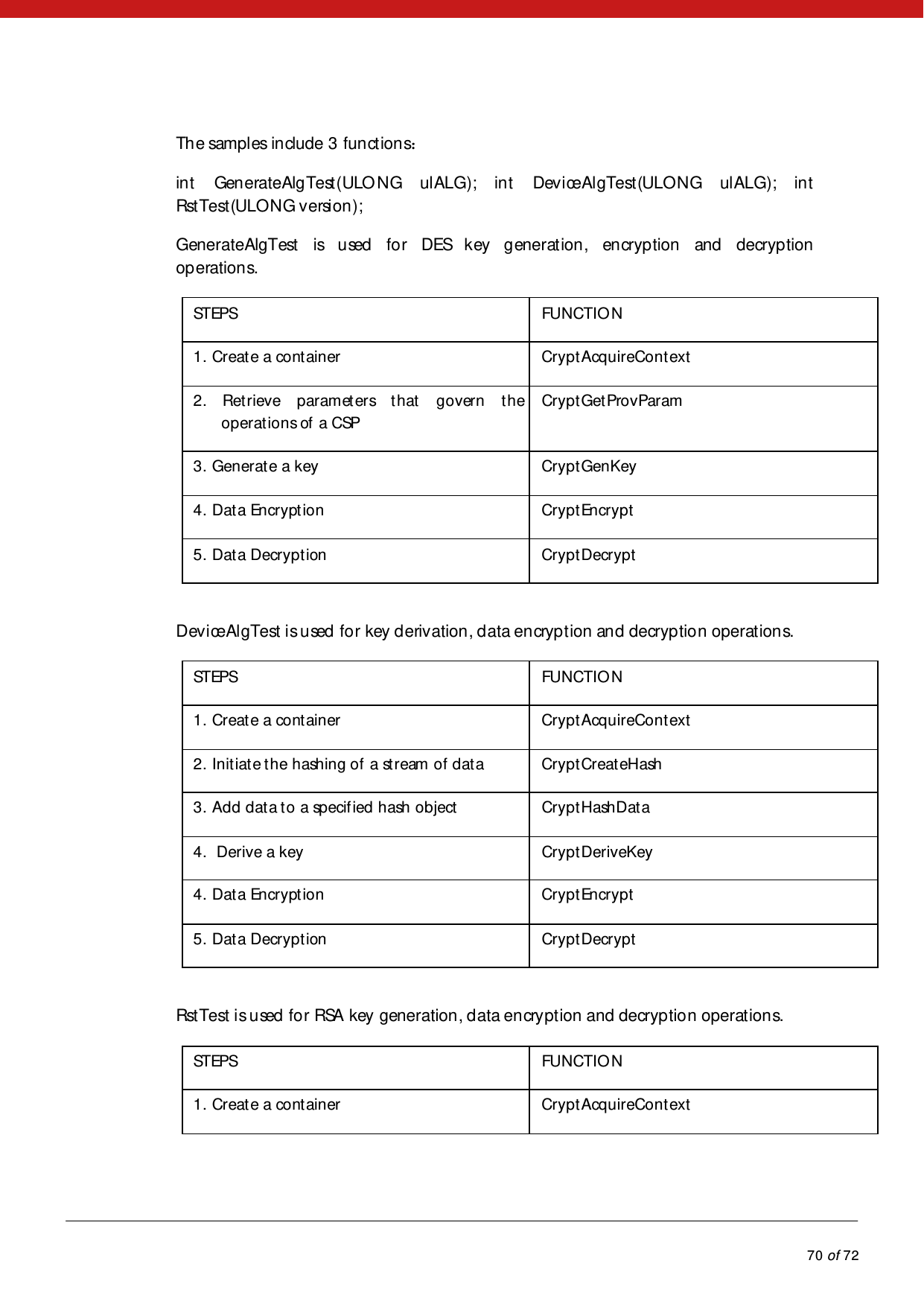            70 of 72  The samples include 3 functions：  int GenerateAlgTest(ULONG ulALG); int DeviceAlgTest(ULONG ulALG); int RstTest(ULONG version);  GenerateAlgTest is used for DES key generation, encryption and decryption op eration s.  STEPS   FUNCTIO N   1. Create a container  CryptAcquireContext  2. Retrieve parameters that govern the operations of a CSP CryptGetProvParam  3. Generate a key   CryptGenKey  4. Data Encryption   CryptEncrypt  5. Data Decryption   CryptDecrypt   DeviceAlgTest is used for key derivation, data encryption and decryption operations.  STEPS   FUNCTIO N  1. Create a container  CryptAcquireContext  2. Initiate the hashing of a stream of data   CryptCreateHash  3. Add data to a specified hash object   CryptHashData  4.  Derive a key   CryptDeriveKey  4. Data Encryption   CryptEncrypt  5. Data Decryption  CryptDecrypt   RstTest is used for RSA key generation, data encryption and decryption operations.  STEPS   FUNCTIO N   1. Create a container  CryptAcquireContext  