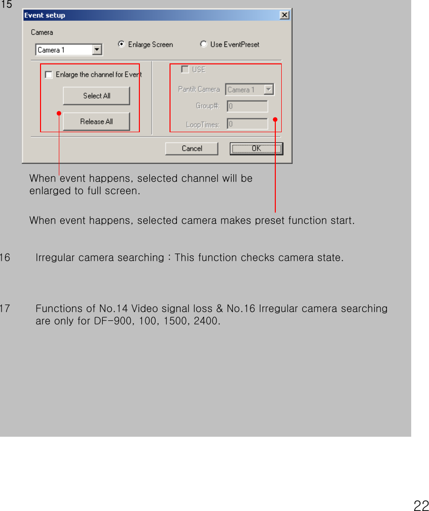 22When event happens, selected camera makes preset function start.1516 Irregular camera searching : This function checks camera state. 17 Functions of No.14 Video signal loss &amp; No.16 Irregular camera searching are only for DF-900, 100, 1500, 2400.When event happens, selected channel will be enlarged to full screen.