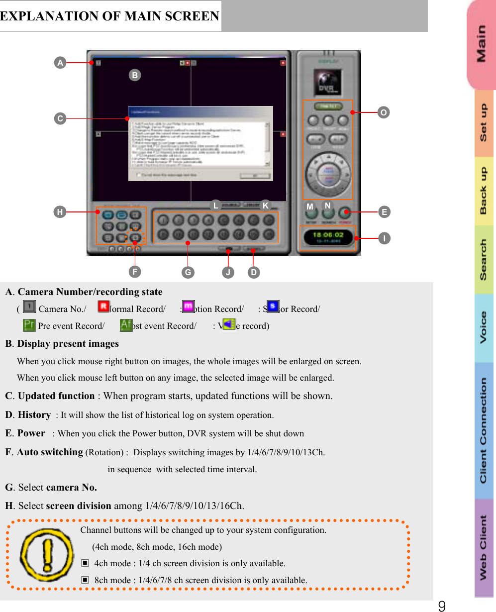 9EXPLANATION OF MAIN SCREENBK NFLMGIAOCH EJ DA. Camera Number/recording state(    : Camera No./      : Normal Record/      : Motion Record/      : Sensor Record/ : Pre event Record/       : Post event Record/       : Voice record)B. Display present imagesWhen you click mouse right button on images, the whole images will be enlarged on screen.When you click mouse left button on any image, the selected image will be enlarged. C. Updated function : When program starts, updated functions will be shown. D. History : It will show the list of historical log on system operation.E. Power : When you click the Power button, DVR system will be shut downFF. . Auto switching (Rotation) :  Displays switching images by 1/4/6/7/8/9/10/13Ch.in sequence  with selected time interval. G. Select camera No.H. Select screen division among 1/4/6/7/8/9/10/13/16Ch. Channel buttons will be changed up to your system configuration.(4ch mode, 8ch mode, 16ch mode)▣4ch mode : 1/4 ch screen division is only available.▣8ch mode : 1/4/6/7/8 ch screen division is only available.