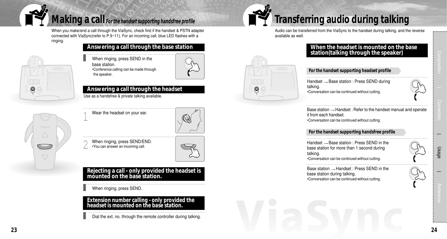2423When you make/end a call through the ViaSync, check first if the handset &amp; PSTN adapterconnected with ViaSync(refer to P.9~11). For an incoming call, blue LED flashes with aringing.Making a callComposition             Connection           Usage            ReferenceFor the handset supporting handsfree profileWhen ringing, press SEND in thebase station.•Conference calling can be made throughthe speaker.Answering a call through the base stationWhen ringing, press SEND.Rejecting a call - only provided the headset ismounted on the base station.Extension number calling - only provided theheadset is mounted on the base station.Dial the ext. no. through the remote controller during talking.Wear the headset on your ear.1When ringing, press SEND/END.•You can answer an incoming call.2Use as a handsfree &amp; private talking available.Answering a call through the headsetBase station  Handset : Refer to the handset manual and operateit from each handset.•Conversation can be continued without cutting.Handset  Base station : Press SEND duringtalking.•Conversation can be continued without cutting.When the headset is mounted on the basestation(talking through the speaker)For the handset supporting headset profileFor the handset supporting handsfree profileAudio can be transferred from the ViaSync to the handset during talking, and the reverseavailable as well.Transferring audio during talkingBase station  Handset : Press SEND in thebase station during talking.•Conversation can be continued without cutting.Handset  Base station : Press SEND in thebase station for more than 1 second duringtalking.•Conversation can be continued without cutting.