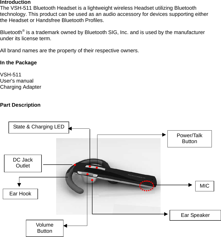 Introduction The VSH-511 Bluetooth Headset is a lightweight wireless Headset utilizing Bluetooth technology. This product can be used as an audio accessory for devices supporting either the Headset or Handsfree Bluetooth Profiles.  Bluetooth® is a trademark owned by Bluetooth SIG, Inc. and is used by the manufacturer under its license term.    All brand names are the property of their respective owners.  In the Package  VSH-511 User&apos;s manual Charging Adapter   Part Description                            Ear Hook Power/Talk Button Ear Speaker State &amp; Charging LED MICVolume Button DC Jack Outlet 