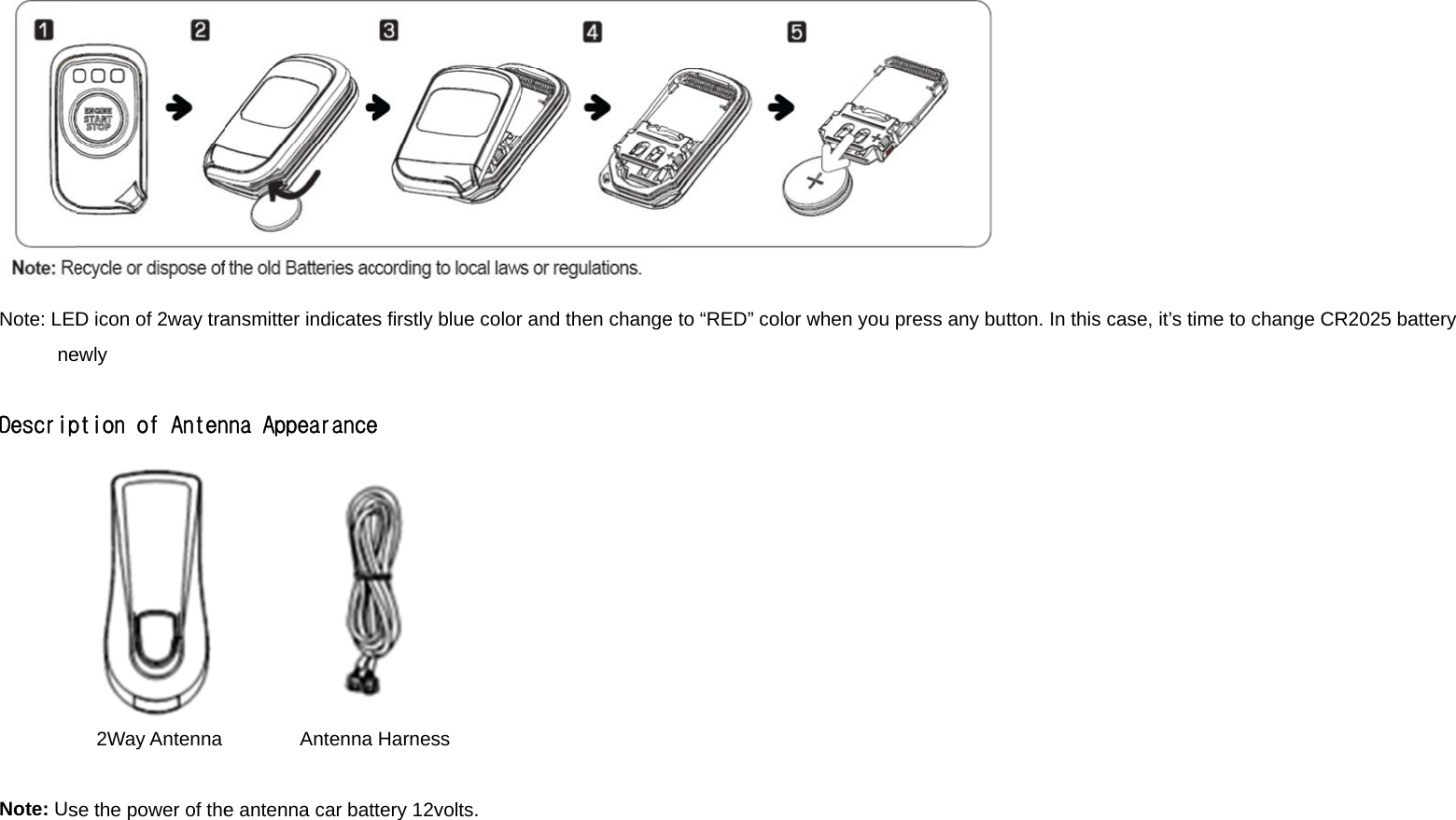 Note: LEDne Descrip         Note: Us     D icon of 2way traewly ption of Anten2Way Antennase the power of theansmitter indicatesnna Appearance       Antenna e antenna car bats firstly blue colore Harness ttery 12volts. r and then changee to “RED” color wwhen you press an ny button. In this ccase, it’s time to change CR2025 baattery 