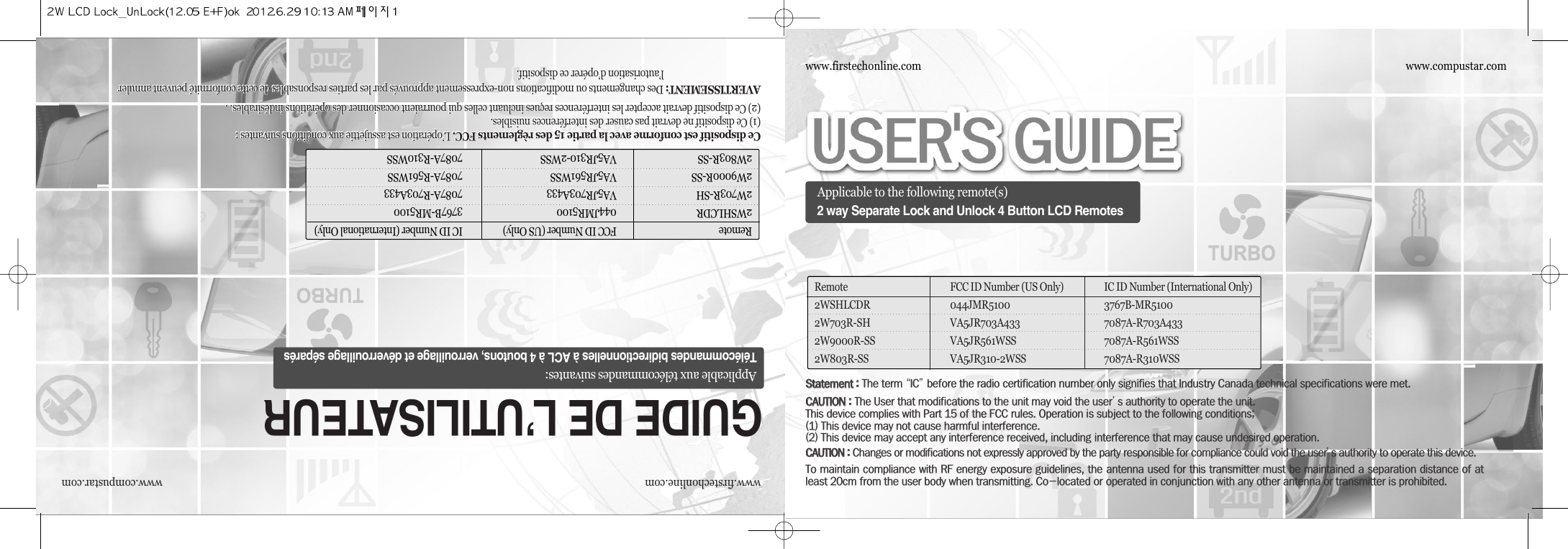 www.compustar.comwww.firstechonline.comCe dispositif est conforme avec la partie 15 des règlements FCC. L’opération est assujettie aux conditions suivantes :(1) Ce dispositif ne devrait pas causer des interférences nuisibles.(2) Ce dispositif devrait accepter les interférences reçues incluant celles qui pourraient occasionner des opérations indésirables. .AVERTISSEMENT: Des changements ou modifications non-expressement approuvés par les parties responsables de cette conformité peuvent annulerl’autorisation d’opérer ce dispositif.Ce dispositif est conforme avec la partie 15 des règlements FCC. L’opération est assujettie aux conditions suivantes :(1) Ce dispositif ne devrait pas causer des interférences nuisibles.(2) Ce dispositif devrait accepter les interférences reçues incluant celles qui pourraient occasionner des opérations indésirables. .AVERTISSEMENT: Des changements ou modifications non-expressement approuvés par les parties responsables de cette conformité peuvent annulerl’autorisation d’opérer ce dispositif.Ce dispositif est conforme avec la partie 15 des règlements FCC. L’opération est assujettie aux conditions suivantes :(1) Ce dispositif ne devrait pas causer des interférences nuisibles.(2) Ce dispositif devrait accepter les interférences reçues incluant celles qui pourraient occasionner des opérations indésirables. .AVERTISSEMENT: Des changements ou modifications non-expressement approuvés par les parties responsables de cette conformité peuvent annulerl’autorisation d’opérer ce dispositif.Ce dispositif est conforme avec la partie 15 des règlements FCC. L’opération est assujettie aux conditions suivantes :(1) Ce dispositif ne devrait pas causer des interférences nuisibles.(2) Ce dispositif devrait accepter les interférences reçues incluant celles qui pourraient occasionner des opérations indésirables. .AVERTISSEMENT: Des changements ou modifications non-expressement approuvés par les parties responsables de cette conformité peuvent annulerl’autorisation d’opérer ce dispositif.Ce dispositif est conforme avec la partie 15 des règlements FCC. L’opération est assujettie aux conditions suivantes :(1) Ce dispositif ne devrait pas causer des interférences nuisibles.(2) Ce dispositif devrait accepter les interférences reçues incluant celles qui pourraient occasionner des opérations indésirables. .AVERTISSEMENT: Des changements ou modifications non-expressement approuvés par les parties responsables de cette conformité peuvent annulerl’autorisation d’opérer ce dispositif.Ce dispositif est conforme avec la partie 15 des règlements FCC. L’opération est assujettie aux conditions suivantes :(1) Ce dispositif ne devrait pas causer des interférences nuisibles.(2) Ce dispositif devrait accepter les interférences reçues incluant celles qui pourraient occasionner des opérations indésirables. .AVERTISSEMENT: Des changements ou modifications non-expressement approuvés par les parties responsables de cette conformité peuvent annulerl’autorisation d’opérer ce dispositif.Ce dispositif est conforme avec la partie 15 des règlements FCC. L’opération est assujettie aux conditions suivantes :(1) Ce dispositif ne devrait pas causer des interférences nuisibles.(2) Ce dispositif devrait accepter les interférences reçues incluant celles qui pourraient occasionner des opérations indésirables. .AVERTISSEMENT: Des changements ou modifications non-expressement approuvés par les parties responsables de cette conformité peuvent annulerl’autorisation d’opérer ce dispositif.Ce dispositif est conforme avec la partie 15 des règlements FCC. L’opération est assujettie aux conditions suivantes :(1) Ce dispositif ne devrait pas causer des interférences nuisibles.(2) Ce dispositif devrait accepter les interférences reçues incluant celles qui pourraient occasionner des opérations indésirables. .AVERTISSEMENT: Des changements ou modifications non-expressement approuvés par les parties responsables de cette conformité peuvent annulerl’autorisation d’opérer ce dispositif.Ce dispositif est conforme avec la partie 15 des règlements FCC. L’opération est assujettie aux conditions suivantes :(1) Ce dispositif ne devrait pas causer des interférences nuisibles.(2) Ce dispositif devrait accepter les interférences reçues incluant celles qui pourraient occasionner des opérations indésirables. .AVERTISSEMENT: Des changements ou modifications non-expressement approuvés par les parties responsables de cette conformité peuvent annulerl’autorisation d’opérer ce dispositif.Ce dispositif est conforme avec la partie 15 des règlements FCC. L’opération est assujettie aux conditions suivantes :(1) Ce dispositif ne devrait pas causer des interférences nuisibles.(2) Ce dispositif devrait accepter les interférences reçues incluant celles qui pourraient occasionner des opérations indésirables. .AVERTISSEMENT: Des changements ou modifications non-expressement approuvés par les parties responsables de cette conformité peuvent annulerl’autorisation d’opérer ce dispositif.Ce dispositif est conforme avec la partie 15 des règlements FCC. L’opération est assujettie aux conditions suivantes :(1) Ce dispositif ne devrait pas causer des interférences nuisibles.(2) Ce dispositif devrait accepter les interférences reçues incluant celles qui pourraient occasionner des opérations indésirables. .AVERTISSEMENT: Des changements ou modifications non-expressement approuvés par les parties responsables de cette conformité peuvent annulerl’autorisation d’opérer ce dispositif.Ce dispositif est conforme avec la partie 15 des règlements FCC. L’opération est assujettie aux conditions suivantes :(1) Ce dispositif ne devrait pas causer des interférences nuisibles.(2) Ce dispositif devrait accepter les interférences reçues incluant celles qui pourraient occasionner des opérations indésirables. .AVERTISSEMENT: Des changements ou modifications non-expressement approuvés par les parties responsables de cette conformité peuvent annulerl’autorisation d’opérer ce dispositif.Ce dispositif est conforme avec la partie 15 des règlements FCC. L’opération est assujettie aux conditions suivantes :(1) Ce dispositif ne devrait pas causer des interférences nuisibles.(2) Ce dispositif devrait accepter les interférences reçues incluant celles qui pourraient occasionner des opérations indésirables. .AVERTISSEMENT: Des changements ou modifications non-expressement approuvés par les parties responsables de cette conformité peuvent annulerl’autorisation d’opérer ce dispositif.Ce dispositif est conforme avec la partie 15 des règlements FCC. L’opération est assujettie aux conditions suivantes :(1) Ce dispositif ne devrait pas causer des interférences nuisibles.(2) Ce dispositif devrait accepter les interférences reçues incluant celles qui pourraient occasionner des opérations indésirables. .AVERTISSEMENT: Des changements ou modifications non-expressement approuvés par les parties responsables de cette conformité peuvent annulerl’autorisation d’opérer ce dispositif.Ce dispositif est conforme avec la partie 15 des règlements FCC. L’opération est assujettie aux conditions suivantes :(1) Ce dispositif ne devrait pas causer des interférences nuisibles.(2) Ce dispositif devrait accepter les interférences reçues incluant celles qui pourraient occasionner des opérations indésirables. .AVERTISSEMENT: Des changements ou modifications non-expressement approuvés par les parties responsables de cette conformité peuvent annulerl’autorisation d’opérer ce dispositif.Ce dispositif est conforme avec la partie 15 des règlements FCC. L’opération est assujettie aux conditions suivantes :(1) Ce dispositif ne devrait pas causer des interférences nuisibles.(2) Ce dispositif devrait accepter les interférences reçues incluant celles qui pourraient occasionner des opérations indésirables. .AVERTISSEMENT: Des changements ou modifications non-expressement approuvés par les parties responsables de cette conformité peuvent annulerl’autorisation d’opérer ce dispositif.Ce dispositif est conforme avec la partie 15 des règlements FCC. L’opération est assujettie aux conditions suivantes :(1) Ce dispositif ne devrait pas causer des interférences nuisibles.(2) Ce dispositif devrait accepter les interférences reçues incluant celles qui pourraient occasionner des opérations indésirables. .AVERTISSEMENT: Des changements ou modifications non-expressement approuvés par les parties responsables de cette conformité peuvent annulerl’autorisation d’opérer ce dispositif.GUIDE DE L’UTILISATEURApplicable aux télécommandes suivantes:Télécommandes bidirectionnelles à ACL à 4 boutons, verrouillage et déverrouillage séparésCe dispositif est conforme avec la partie 15 des règlements FCC. L’opération est assujettie aux conditions suivantes :(1) Ce dispositif ne devrait pas causer des interférences nuisibles.(2) Ce dispositif devrait accepter les interférences reçues incluant celles qui pourraient occasionner des opérations indésirables. .AVERTISSEMENT: Des changements ou modifications non-expressement approuvés par les parties responsables de cette conformité peuvent annulerl’autorisation d’opérer ce dispositif.Remote FCC ID Number (US Only) IC ID Number (International Only)2WSHLCDR 044JMR5100 3767B-MR51002W703R-SH VA5JR703A433 7087A-R703A4332W9000R-SS VA5JR561WSS 7087A-R561WSS2W803R-SS VA5JR310-2WSS 7087A-R310WSSwww.compustar.comwww.firstechonline.comApplicable to the following remote(s)2 way Separate Lock and Unlock 4 Button LCD RemotesRemote FCC ID Number (US Only) IC ID Number (International Only)2WSHLCDR 044JMR5100 3767B-MR51002W703R-SH VA5JR703A433 7087A-R703A4332W9000R-SS VA5JR561WSS 7087A-R561WSS2W803R-SS VA5JR310-2WSS 7087A-R310WSSss@@ZZt@@ਫ਼ic੟@@@@@@@@i@c@@@@Nccaauuttiioonn@@ZZt@u@@@@@@@@@੝@@@@@N@t@@@@p@QU@@@fcc@N@o@@@@@@[@@HQI@t@@@@@@N@@@@@@HRI@t@@@@@@L@@@@@@@N@@@@@@@@ccaauuttiioonn@@ZZc@@@@@@@@@@@@@@@੝@@@@@N@@t@@@@rf@@@L@@@@@@@@@@@@@@@RP@@@@@@N@cM@@@@@@@@@@@@N@