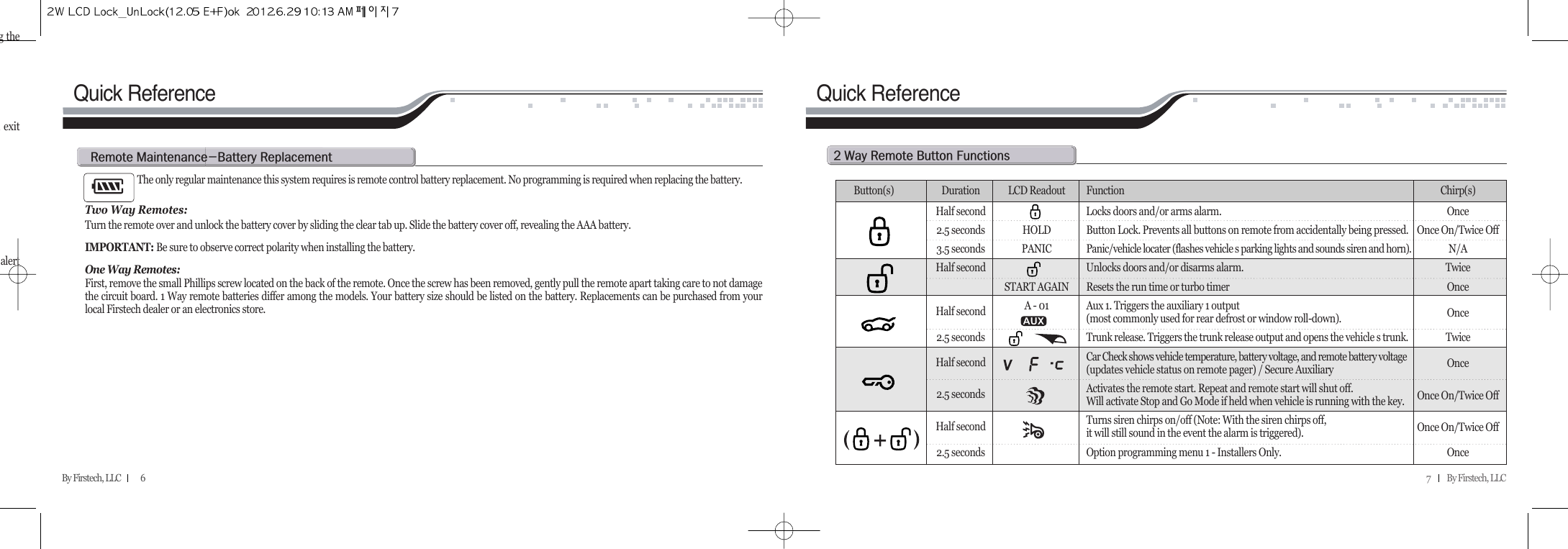 7          By Firstech, LLC    By Firstech, LLC            6Quick ReferenceThe only regular maintenance this system requires is remote control battery replacement. No programming is required when replacing the battery. Two Way Remotes:Turn the remote over and unlock the battery cover by sliding the clear tab up. Slide the battery cover off, revealing the AAA battery. IMPORTANT: Be sure to observe correct polarity when installing the battery.One Way Remotes: First, remove the small Phillips screw located on the back of the remote. Once the screw has been removed, gently pull the remote apart taking care to not damagethe circuit board. 1 Way remote batteries differ among the models. Your battery size should be listed on the battery. Replacements can be purchased from yourlocal Firstech dealer or an electronics store.r@mMb@rQuick ReferenceR@w@r@b@fButton(s) Duration LCD Readout Function Chirp(s)Half second Locks doors and/or arms alarm. Once2.5 seconds HOLD Button Lock. Prevents all buttons on remote from accidentally being pressed. Once On/Twice Off3.5 seconds PANIC Panic/vehicle locater (flashes vehicle s parking lights and sounds siren and horn). N/AHalf second Unlocks doors and/or disarms alarm. TwiceSTART AGAIN Resets the run time or turbo timer OnceHalf second A - 01  Aux 1. Triggers the auxiliary 1 output (most commonly used for rear defrost or window roll-down). Once2.5 seconds Trunk release. Triggers the trunk release output and opens the vehicle s trunk. TwiceHalf second Car Check shows vehicle temperature, battery voltage, and remote battery voltage(updates vehicle status on remote pager) / Secure Auxiliary Once2.5 seconds Activates the remote start. Repeat and remote start will shut off. Will activate Stop and Go Mode if held when vehicle is running with the key. Once On/Twice OffHalf second Turns siren chirps on/off (Note: With the siren chirps off, it will still sound in the event the alarm is triggered). Once On/Twice Off2.5 seconds Option programming menu 1 - Installers Only. Onceg thel exitalert