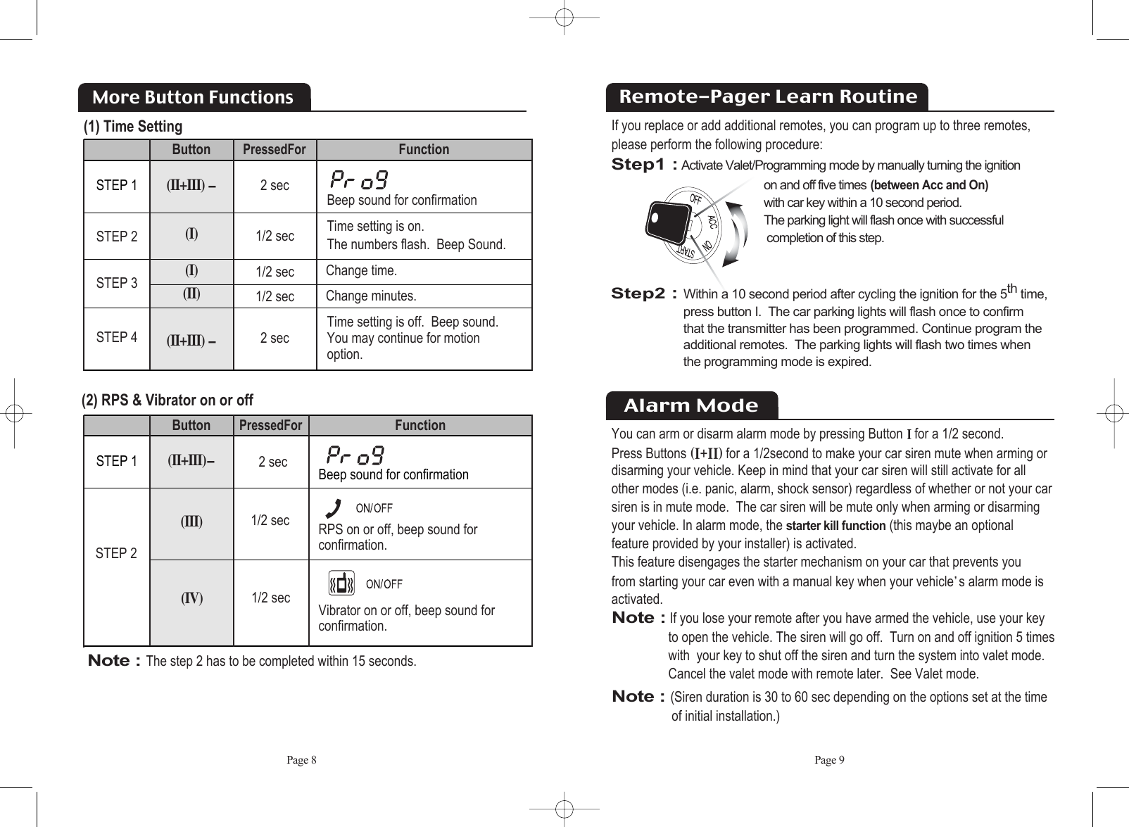 Page 8More Button Functions(1) Time SettingBeep sound for confirmationSTEP 1(II+III) - 2 secButtonPressedFor   FunctionTime setting is on. The numbers flash.  Beep Sound.STEP 2(I)(II+III) -1/2 secChange time.Change minutes.Time setting is off.  Beep sound.You may continue for motionoption.STEP 3STEP 4(I)(II)1/2 sec1/2 sec2 secPage 9(2) RPS &amp; Vibrator on or off Note : The step 2 has to be completed within 15 seconds.Beep sound for confirmationSTEP 1(II+III)- 2 secButtonPressedFor   FunctionSTEP 2RPS on or off, beep sound for confirmation.Vibrator on or off, beep sound for confirmation. (III)(IV)1/2 sec1/2 secRemote-Pager Learn RoutineIf you replace or add additional remotes, you can program up to three remotes,please perform the following procedure:Step1 :Activate Valet/Programming mode by manually turning the ignition on and off five times(between Acc and On)with car key within a 10 second period.The parking light will flash once with successful  completion of this step.Alarm ModeYou can arm or disarm alarm mode by pressing Button ifor a 1/2 second.Press Buttons HiKiiIfor a 1/2second to make your car siren mute when arming ordisarming your vehicle. Keep in mind that your car siren will still activate for allother modes (i.e. panic, alarm, shock sensor) regardless of whether or not your carsiren is in mute mode.  The car siren will be mute only when arming or disarmingyour vehicle. In alarm mode, the starter kill function(this maybe an optionalfeature provided by your installer) is activated. This feature disengages the starter mechanism on your car that prevents you from starting your car even with a manual key when your vehicleŖs alarm mode isactivated.Note :If you lose your remote after you have armed the vehicle, use your key to open the vehicle. The siren will go off.  Turn on and off ignition 5 timeswith  your key to shut off the siren and turn the system into valet mode.  Cancel the valet mode with remote later.  See Valet mode. Note : (Siren duration is 30 to 60 sec depending on the options set at the time of initial installation.)Step2 :Within a 10 second period after cycling the ignition for the 5th time, press button I.  The car parking lights will flash once to confirm  that the transmitter has been programmed. Continue program the additional remotes.  The parking lights will flash two times when the programming mode is expired.