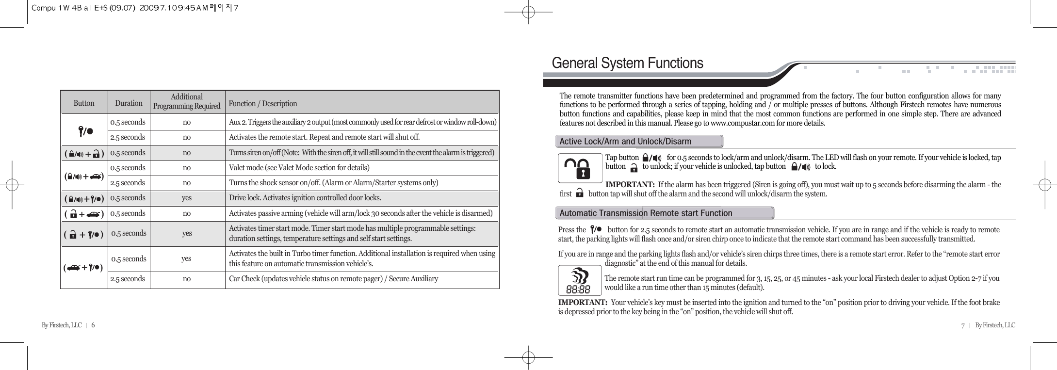 7          By Firstech, LLC    By Firstech, LLC         6    The remote transmitter functions have been predetermined and programmed from the factory. The four button configuration allows for manyfunctions to be performed through a series of tapping, holding and / or multiple presses of buttons. Although Firstech remotes have numerousbutton functions and capabilities, please keep in mind that the most common functions are performed in one simple step. There are advancedfeatures not described in this manual. Please go to www.compustar.com for more details.Tap button                  for 0.5 seconds to lock/arm and unlock/disarm. The LED will flash on your remote. If your vehicle is locked, tapbutton           to unlock; if your vehicle is unlocked, tap button                   to lock.IMPORTANT: If the alarm has been triggered (Siren is going off), you must wait up to 5 seconds before disarming the alarm - thefirst           button tap will shut off the alarm and the second will unlock/disarm the system. a@lOa@@uOdPress the           button for 2.5 seconds to remote start an automatic transmission vehicle. If you are in range and if the vehicle is ready to remotestart, the parking lights will flash once and/or siren chirp once to indicate that the remote start command has been successfully transmitted.If you are in range and the parking lights flash and/or vehicle’s siren chirps three times, there is a remote start error. Refer to the “remote start errordiagnostic” at the end of this manual for details.  The remote start run time can be programmed for 3, 15, 25, or 45 minutes - ask your local Firstech dealer to adjust Option 2-7 if youwould like a run time other than 15 minutes (default). IMPORTANT:  Your vehicle’s key must be inserted into the ignition and turned to the “on” position prior to driving your vehicle. If the foot brakeis depressed prior to the key being in the “on” position, the vehicle will shut off.a@t@r@@fGeneral System FunctionsAdditional Programming Required0.5 seconds no Aux 2. Triggers the auxiliary 2 output (most commonly used for rear defrost or window roll-down)2.5 seconds no Activates the remote start. Repeat and remote start will shut off.0.5 seconds no Turns siren on/off (Note:  With the siren off, it will still sound in the event the alarm is triggered)0.5 seconds no Valet mode (see Valet Mode section for details)2.5 seconds no Turns the shock sensor on/off. (Alarm or Alarm/Starter systems only)0.5 seconds yes Drive lock. Activates ignition controlled door locks.0.5 seconds no Activates passive arming (vehicle will arm/lock 30 seconds after the vehicle is disarmed)Activates timer start mode. Timer start mode has multiple programmable settings:  duration settings, temperature settings and self start settings.Activates the built in Turbo timer function. Additional installation is required when using this feature on automatic transmission vehicle’s.2.5 seconds no Car Check (updates vehicle status on remote pager) / Secure AuxiliaryButton Durationyesyes0.5 seconds0.5 secondsFunction / Description