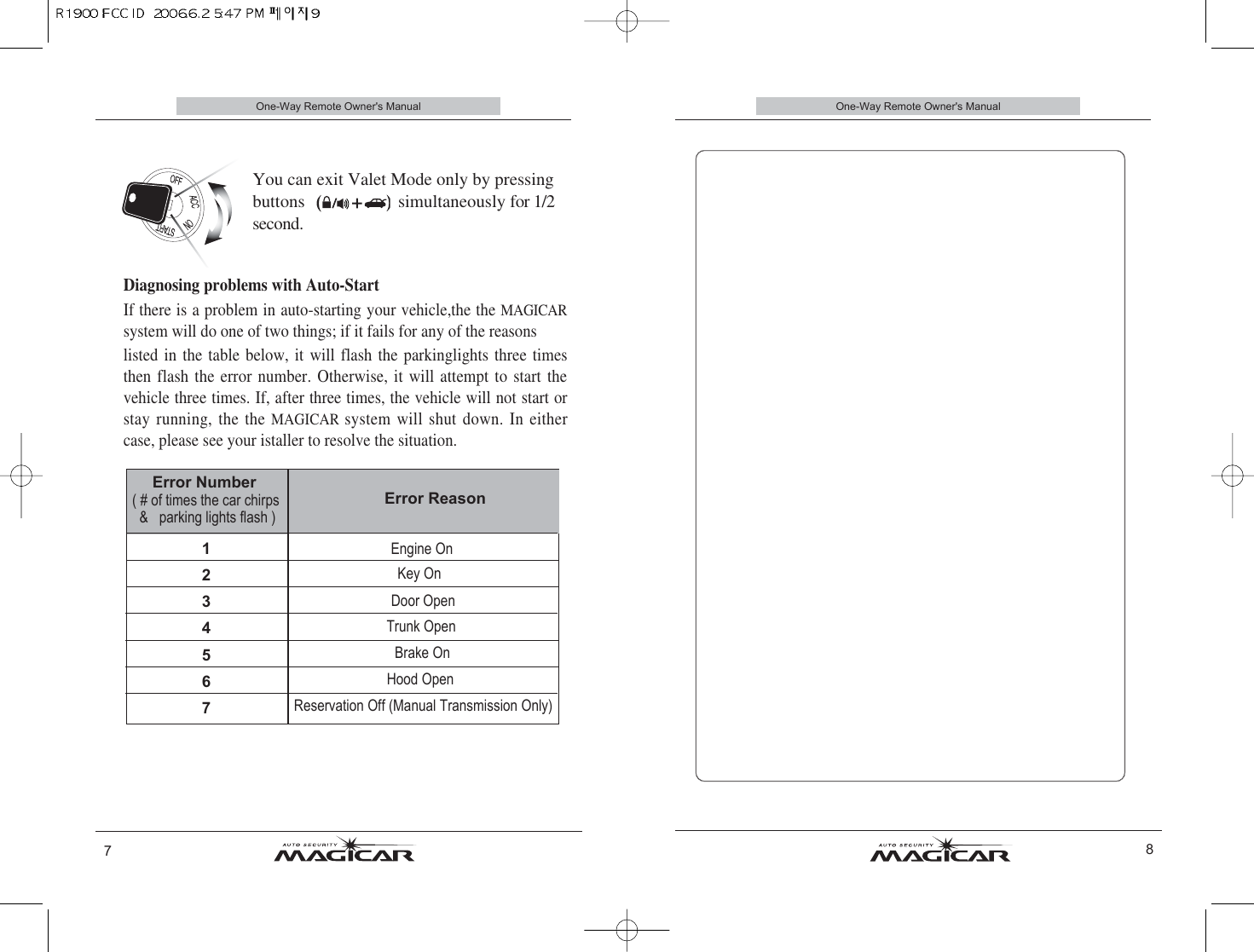 One-Way Remote Owner&apos;s Manual8One-Way Remote Owner&apos;s Manual7Safety Information.You can exit Valet Mode only by pressing buttons                     simultaneously for 1/2 second.Trunk OpenBrake On Hood OpenReservation Off (Manual Transmission Only)1234567Engine OnKey OnDoor OpenDiagnosing problems with Auto-StartIf there is a problem in auto-starting your vehicle,the the MAGICARsystem will do one of two things; if it fails for any of the reasons listed in the table below, it will flash the parkinglights three timesthen flash the error number. Otherwise, it will attempt to start thevehicle three times. If, after three times, the vehicle will not start orstay running, the the MAGICAR system will shut down. In eithercase, please see your istaller to resolve the situation.Error Number( # of times the car chirps &amp;   parking lights flash )Error Reason