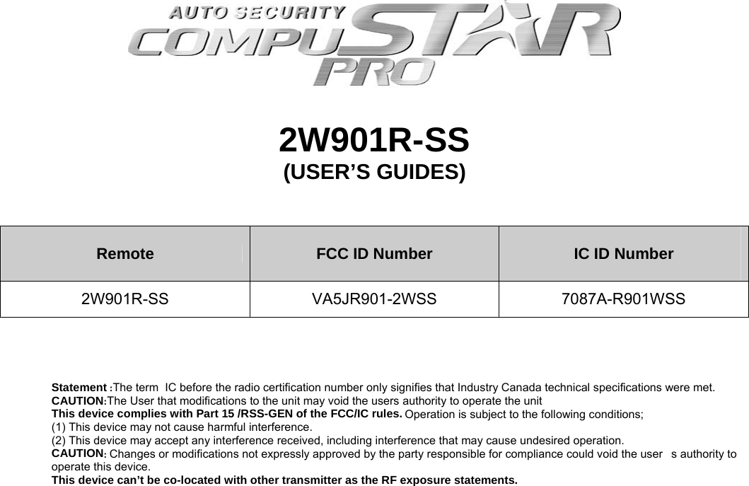             2W901R-SS (USER’S GUIDES)              Remote  FCC ID Number   IC ID Number  2W901R-SS VA5JR901-2WSS 7087A-R901WSS Statement :The term  IC before the radio certification number only signifies that Industry Canada technical specifications were met. CAUTION:The User that modifications to the unit may void the users authority to operate the unit This device complies with Part 15 /RSS-GEN of the FCC/IC rules. Operation is subject to the following conditions; (1) This device may not cause harmful interference. (2) This device may accept any interference received, including interference that may cause undesired operation. CAUTION: Changes or modifications not expressly approved by the party responsible for compliance could void the users authority to operate this device. This device can’t be co-located with other transmitter as the RF exposure statements. 