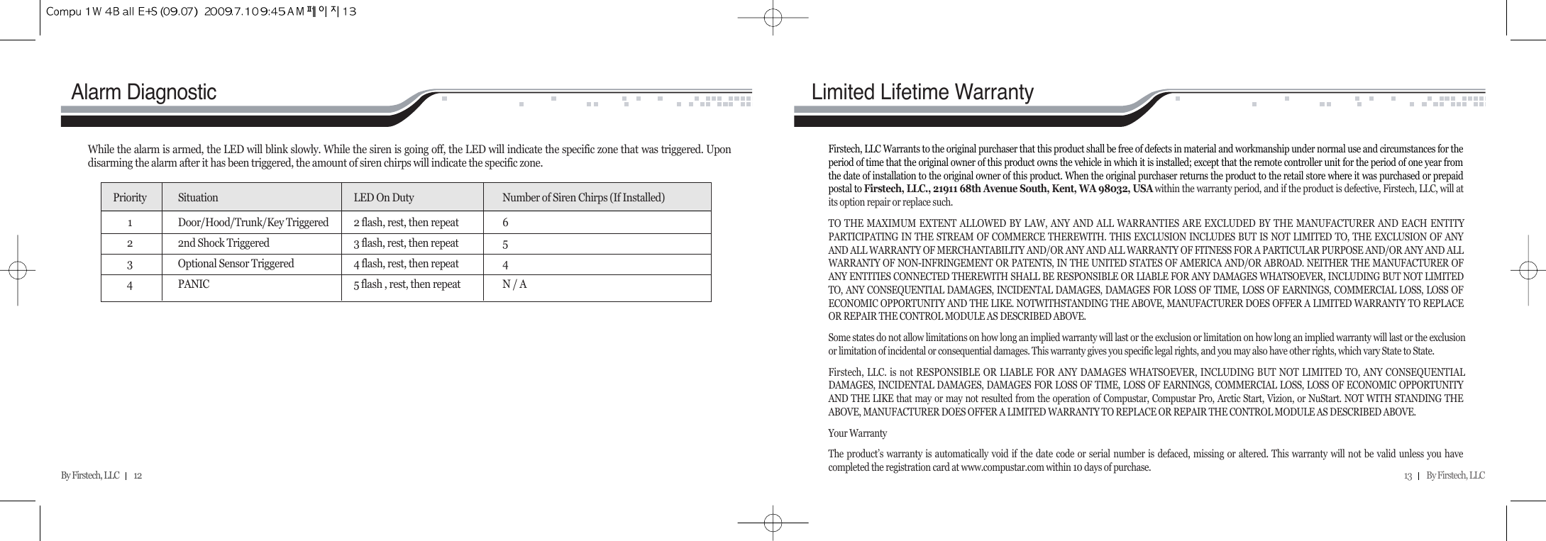 13         By Firstech, LLC    By Firstech, LLC         12     Firstech, LLC Warrants to the original purchaser that this product shall be free of defects in material and workmanship under normal use and circumstances for theperiod of time that the original owner of this product owns the vehicle in which it is installed; except that the remote controller unit for the period of one year fromthe date of installation to the original owner of this product. When the original purchaser returns the product to the retail store where it was purchased or prepaidpostal to Firstech, LLC., 21911 68th Avenue South, Kent, WA 98032, USA within the warranty period, and if the product is defective, Firstech, LLC, will atits option repair or replace such.TO THE MAXIMUM EXTENT ALLOWED BY LAW, ANY AND ALL WARRANTIES ARE EXCLUDED BY THE MANUFACTURER AND EACH ENTITYPARTICIPATING IN THE STREAM OF COMMERCE THEREWITH. THIS EXCLUSION INCLUDES BUT IS NOT LIMITED TO, THE EXCLUSION OF ANYAND ALL WARRANTY OF MERCHANTABILITY AND/OR ANY AND ALL WARRANTY OF FITNESS FOR A PARTICULAR PURPOSE AND/OR ANY AND ALLWARRANTY OF NON-INFRINGEMENT OR PATENTS, IN THE UNITED STATES OF AMERICA AND/OR ABROAD. NEITHER THE MANUFACTURER OFANY ENTITIES CONNECTED THEREWITH SHALL BE RESPONSIBLE OR LIABLE FOR ANY DAMAGES WHATSOEVER, INCLUDING BUT NOT LIMITEDTO, ANY CONSEQUENTIAL DAMAGES, INCIDENTAL DAMAGES, DAMAGES FOR LOSS OF TIME, LOSS OF EARNINGS, COMMERCIAL LOSS, LOSS OFECONOMIC OPPORTUNITY AND THE LIKE. NOTWITHSTANDING THE ABOVE, MANUFACTURER DOES OFFER A LIMITED WARRANTY TO REPLACEOR REPAIR THE CONTROL MODULE AS DESCRIBED ABOVE. Some states do not allow limitations on how long an implied warranty will last or the exclusion or limitation on how long an implied warranty will last or the exclusionor limitation of incidental or consequential damages. This warranty gives you specific legal rights, and you may also have other rights, which vary State to State.Firstech, LLC. is not RESPONSIBLE OR LIABLE FOR ANY DAMAGES WHATSOEVER, INCLUDING BUT NOT LIMITED TO, ANY CONSEQUENTIALDAMAGES, INCIDENTAL DAMAGES, DAMAGES FOR LOSS OF TIME, LOSS OF EARNINGS, COMMERCIAL LOSS, LOSS OF ECONOMIC OPPORTUNITYAND THE LIKE that may or may not resulted from the operation of Compustar, Compustar Pro, Arctic Start, Vizion, or NuStart. NOT WITH STANDING THEABOVE, MANUFACTURER DOES OFFER A LIMITED WARRANTY TO REPLACE OR REPAIR THE CONTROL MODULE AS DESCRIBED ABOVE. Your Warranty The product’s warranty is automatically void if the date code or serial number is defaced, missing or altered. This warranty will not be valid unless you havecompleted the registration card at www.compustar.com within 10 days of purchase.Limited Lifetime WarrantyWhile the alarm is armed, the LED will blink slowly. While the siren is going off, the LED will indicate the specific zone that was triggered. Upondisarming the alarm after it has been triggered, the amount of siren chirps will indicate the specific zone.Alarm DiagnosticPriority Situation LED On Duty Number of Siren Chirps (If Installed)1Door/Hood/Trunk/Key Triggered 2 flash, rest, then repeat 622nd Shock Triggered 3 flash, rest, then repeat 53Optional Sensor Triggered 4 flash, rest, then repeat 44PANIC 5 flash , rest, then repeat N / A