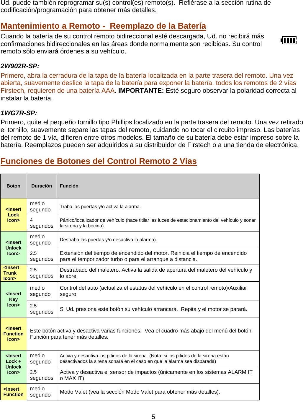      5Ud. puede también reprogramar su(s) control(es) remoto(s).  Refiérase a la sección rutina de codificación/programación para obtener más detalles. Mantenimiento a Remoto -  Reemplazo de la Batería Cuando la batería de su control remoto bidireccional esté descargada, Ud. no recibirá más confirmaciones bidireccionales en las áreas donde normalmente son recibidas. Su control remoto sólo enviará órdenes a su vehículo.  2W902R-SP: Primero, abra la cerradura de la tapa de la batería localizada en la parte trasera del remoto. Una vez abierta, suavemente deslice la tapa de la batería para exponer la batería. todos los remotos de 2 vías Firstech, requieren de una batería AAA. IMPORTANTE: Esté seguro observar la polaridad correcta al instalar la batería.     1WG7R-SP:  Primero, quite el pequeño tornillo tipo Phillips localizado en la parte trasera del remoto. Una vez retirado el tornillo, suavemente separe las tapas del remoto, cuidando no tocar el circuito impreso. Las baterías del remoto de 1 vía, difieren entre otros modelos. El tamaño de su batería debe estar impreso sobre la batería. Reemplazos pueden ser adquiridos a su distribuidor de Firstech o a una tienda de electrónica.    Funciones de Botones del Control Remoto 2 Vías  Boton  Duración  Función &lt;Insert Lock Icon&gt; medio segundo Traba las puertas y/o activa la alarma. 4 segundos Pánico/localizador de vehículo (hace titilar las luces de estacionamiento del vehículo y sonar la sirena y la bocina). &lt;Insert Unlock Icon&gt; medio segundo Destraba las puertas y/o desactiva la alarma). 2.5 segundos Extensión del tiempo de encendido del motor. Reinicia el tiempo de encendido para el temporizador turbo o para el arranque a distancia. &lt;Insert Trunk Icon&gt; 2.5 segundos Destrabado del maletero. Activa la salida de apertura del maletero del vehículo y lo abre. &lt;Insert Key Icon&gt; medio segundo Control del auto (actualiza el estatus del vehículo en el control remoto)/Auxiliar seguro 2.5 segundos Si Ud. presiona este botón su vehículo arrancará.  Repita y el motor se parará. &lt;Insert Function Icon&gt; Este botón activa y desactiva varias funciones.  Vea el cuadro más abajo del menú del botón Función para tener más detalles. &lt;Insert Lock + Unlock Icon&gt;  medio segundo Activa y desactiva los pitidos de la sirena. (Nota: si los pitidos de la sirena están desactivados la sirena sonará en el caso en que la alarma sea disparada) 2.5 segundos Activa y desactiva el sensor de impactos (únicamente en los sistemas ALARM IT o MAX IT) &lt;Insert Function  medio segundo Modo Valet (vea la sección Modo Valet para obtener más detalles). 