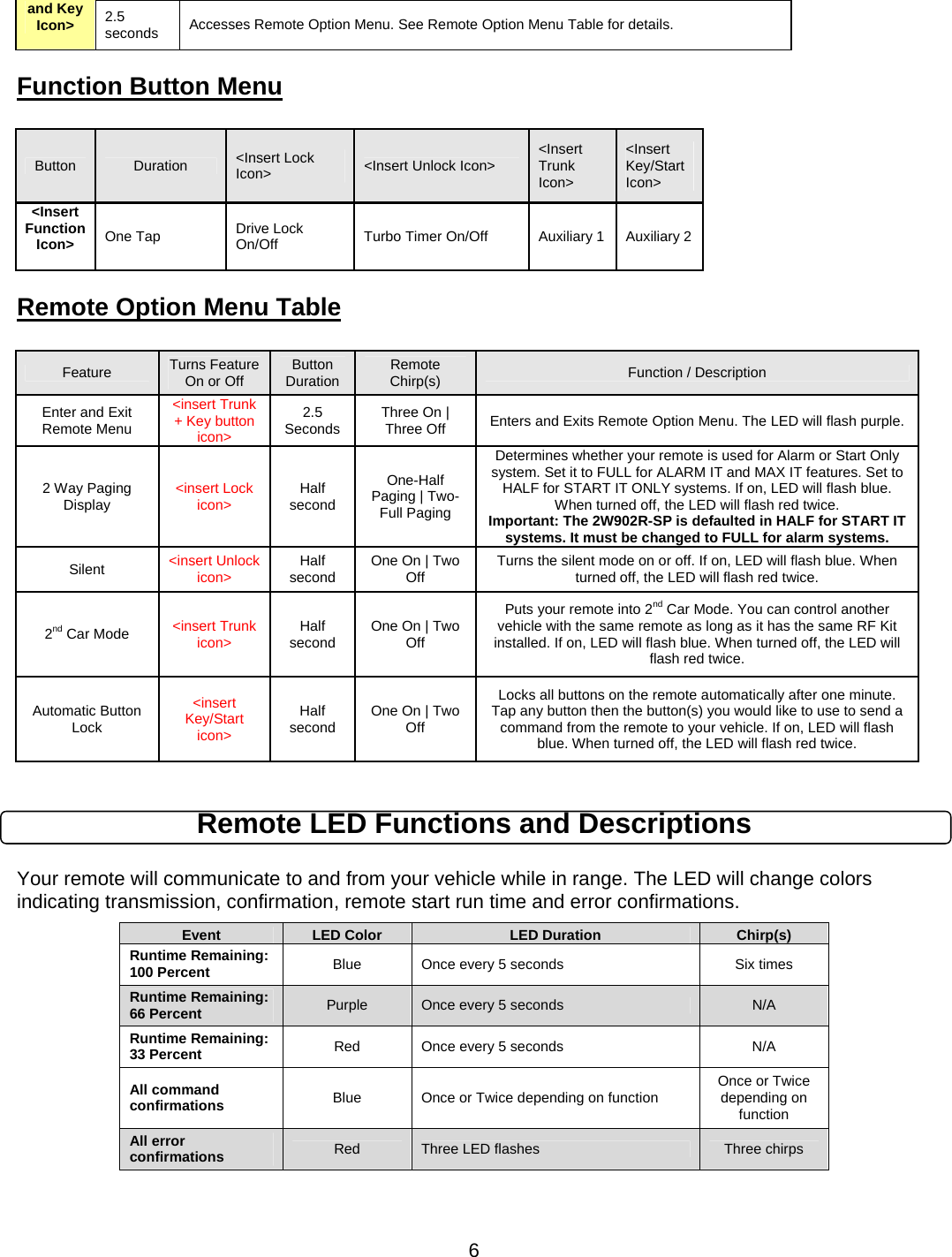     6and Key Icon&gt;  2.5 seconds  Accesses Remote Option Menu. See Remote Option Menu Table for details.  Function Button Menu  Button  Duration  &lt;Insert Lock Icon&gt;  &lt;Insert Unlock Icon&gt;  &lt;Insert Trunk Icon&gt; &lt;Insert Key/Start Icon&gt; &lt;Insert Function Icon&gt;  One Tap  Drive Lock On/Off  Turbo Timer On/Off  Auxiliary 1  Auxiliary 2Remote Option Menu Table  Feature  Turns Feature On or Off  Button Duration  Remote Chirp(s)  Function / Description Enter and Exit Remote Menu &lt;insert Trunk + Key button icon&gt; 2.5 Seconds  Three On | Three Off  Enters and Exits Remote Option Menu. The LED will flash purple.2 Way Paging Display  &lt;insert Lock icon&gt;  Half second One-Half Paging | Two-Full Paging Determines whether your remote is used for Alarm or Start Only system. Set it to FULL for ALARM IT and MAX IT features. Set to HALF for START IT ONLY systems. If on, LED will flash blue. When turned off, the LED will flash red twice. Important: The 2W902R-SP is defaulted in HALF for START IT systems. It must be changed to FULL for alarm systems. Silent  &lt;insert Unlock icon&gt;  Half second  One On | Two Off  Turns the silent mode on or off. If on, LED will flash blue. When turned off, the LED will flash red twice. 2nd Car Mode  &lt;insert Trunk icon&gt;  Half second  One On | Two Off Puts your remote into 2nd Car Mode. You can control another vehicle with the same remote as long as it has the same RF Kit installed. If on, LED will flash blue. When turned off, the LED will flash red twice. Automatic Button Lock &lt;insert Key/Start icon&gt; Half second  One On | Two Off Locks all buttons on the remote automatically after one minute. Tap any button then the button(s) you would like to use to send a command from the remote to your vehicle. If on, LED will flash blue. When turned off, the LED will flash red twice.  Remote LED Functions and Descriptions  Your remote will communicate to and from your vehicle while in range. The LED will change colors indicating transmission, confirmation, remote start run time and error confirmations.             Event  LED Color  LED Duration  Chirp(s) Runtime Remaining: 100 Percent  Blue  Once every 5 seconds  Six times Runtime Remaining: 66 Percent  Purple  Once every 5 seconds  N/A Runtime Remaining: 33 Percent  Red  Once every 5 seconds  N/A All command confirmations  Blue  Once or Twice depending on function  Once or Twice depending on function All error confirmations  Red  Three LED flashes  Three chirps 