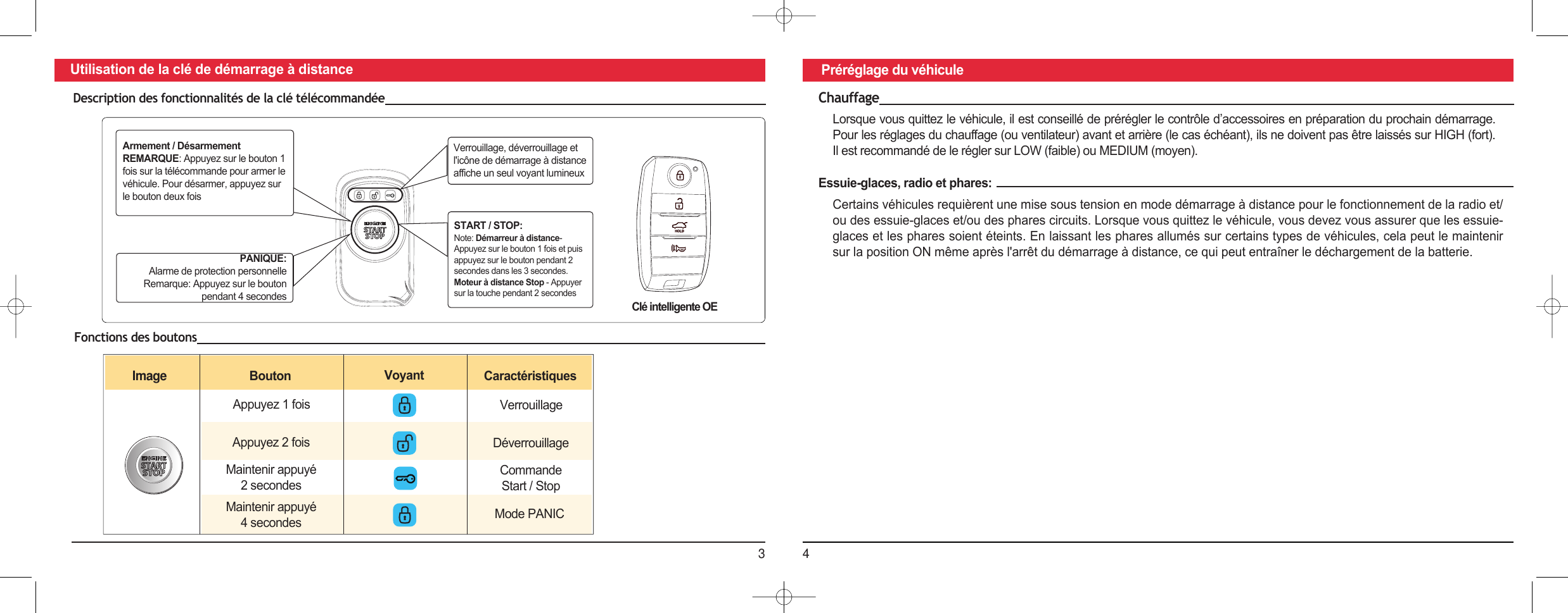 34Utilisation de la clé de démarrage à distance Préréglage du véhiculeChauffageLorsque vous quittez le véhicule, il est conseillé de prérégler le contrôle d’accessoires en préparation du prochain démarrage. Pour les réglages du chauffage (ou ventilateur) avant et arrière (le cas échéant), ils ne doivent pas être laissés sur HIGH (fort). Il est recommandé de le régler sur LOW (faible) ou MEDIUM (moyen).Essuie-glaces, radio et phares:Certains véhicules requièrent une mise sous tension en mode démarrage à distance pour le fonctionnement de la radio et/ou des essuie-glaces et/ou des phares circuits. Lorsque vous quittez le véhicule, vous devez vous assurer que les essuie-glaces et les phares soient éteints. En laissant les phares allumés sur certains types de véhicules, cela peut le maintenir sur la position ON même après l&apos;arrêt du démarrage à distance, ce qui peut entraîner le déchargement de la batterie.Description des fonctionnalités de la clé télécommandéeImageFonctions des boutonsVerrouillage, déverrouillage et l&apos;icône de démarrage à distance affiche un seul voyant lumineuxArmement / Désarmement REMARQUE: Appuyez sur le bouton 1 fois sur la télécommande pour armer le véhicule. Pour désarmer, appuyez sur le bouton deux foisPANIQUE:Alarme de protection personnelle Remarque: Appuyez sur le bouton pendant 4 secondesSTART / STOP:Note: Démarreur à distance-Appuyez sur le bouton 1 fois et puis appuyez sur le bouton pendant 2 secondes dans les 3 secondes.Moteur à distance Stop - Appuyer sur la touche pendant 2 secondesClé intelligente OEBouton Voyant CaractéristiquesAppuyez 1 foisAppuyez 2 foisMaintenir appuyé2 secondesMaintenir appuyé4 secondesVerrouillageDéverrouillageCommande Start / StopMode PANIC