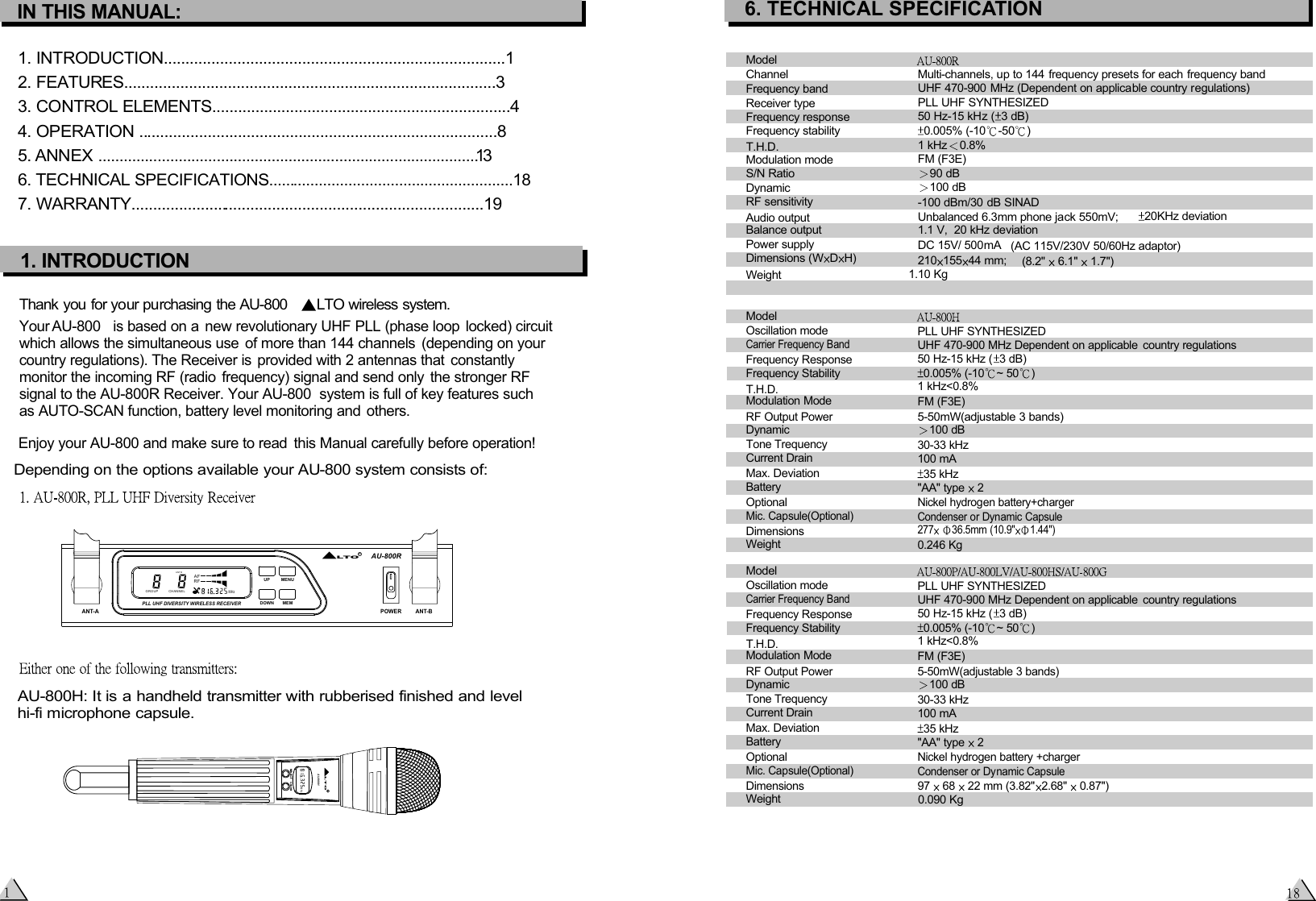 IN THIS MANUAL:1. INTRODUCTION...............................................................................12. FEATURES......................................................................................33. CONTROL ELEMENTS.....................................................................44. OPERATION ...................................................................................85. ANNEX ..........................................................................................136. TECHNICAL SPECIFICATIONS..........................................................187. WARRANTY..................................................................................191. INTRODUCTIONEnjoy your AU-800 and make sure to read  this Manual carefully before operation! Thank you for your purchasing the AU-800    LTO wireless system.Your AU-800   is based on a  new revolutionary UHF PLL (phase loop locked) circuit which allows the simultaneous use  of more than 144 channels  (depending on your country regulations). The Receiver is provided with 2 antennas that  constantly monitor the incoming RF (radio  frequency) signal and send only  the stronger RF signal to the AU-800R Receiver. Your AU-800  system is full of key features such as AUTO-SCAN function, battery level monitoring and others. AU-800H: It is a handheld transmitter with rubberised finished and level hi-fi microphone capsule.    Depending on the options available your AU-800 system consists of:ANT BGROUP CHANNELAFRFMHzAU-800RANT-A ANT-BPOWERRLTOPLL UHF DIVERSITY WIRELESS RECEIVERUP MENUDOWN MEMAU-800HRLTOMHz6. TECHNICAL SPECIFICATIONModelChannelFrequency bandReceiver typeFrequency responseFrequency stabilityT.H.D.Modulation modeS/N RatioDynamicRF sensitivityAudio outputBalance outputPower supplyDimensions (WDH) WeightMulti-channels, up to 144 frequency presets for each frequency bandUHF 470-900 MHz (Dependent on applicable country regulations)PLL UHF SYNTHESIZED50 Hz-15 kHz ( 3 dB)0.005% (-10 -50 )1 kHz 0.8%FM (F3E)90 dB100 dB-100 dBm/30 dB SINADUnbalanced 6.3mm phone jack 550mV; 20KHz deviation1.1 V,  20 kHz deviationDC 15V/ 500mA  (AC 115V/230V 50/60Hz adaptor)210 155 44 mm;  (8.2&quot;   6.1&quot;   1.7&quot;)              1.10 KgModelOscillation modeCarrier Frequency BandFrequency ResponseFrequency StabilityT.H.D.Modulation ModeRF Output PowerDynamicTone TrequencyCurrent DrainMax. DeviationBatteryOptionalMic. Capsule(Optional)DimensionsWeightPLL UHF SYNTHESIZEDUHF 470-900 MHz Dependent on applicable  country regulations50 Hz-15 kHz ( 3 dB)0.005% (-10 ~ 50 )FM (F3E)5-50mW(adjustable 3 bands)100 dB 30-33 kHz100 mA35 kHz &quot;AA&quot; type   2 Nickel hydrogen battery+chargerCondenser or Dynamic Capsule277  36.5mm (10.9&quot; 1.44&quot;) 0.246 Kg 1 kHz&lt;0.8%ModelOscillation modeCarrier Frequency BandFrequency ResponseFrequency StabilityT.H.D.Modulation ModeRF Output PowerDynamicTone TrequencyCurrent DrainMax. DeviationBatteryOptionalMic. Capsule(Optional)DimensionsWeightPLL UHF SYNTHESIZEDUHF 470-900 MHz Dependent on applicable  country regulations50 Hz-15 kHz ( 3 dB)0.005% (-10 ~ 50 )FM (F3E)5-50mW(adjustable 3 bands)100 dB 30-33 kHz100 mA35 kHz &quot;AA&quot; type   2 Nickel hydrogen battery +chargerCondenser or Dynamic Capsule1 kHz&lt;0.8%0.090 Kg 97   68   22 mm (3.82&quot; 2.68&quot;   0.87&quot;)