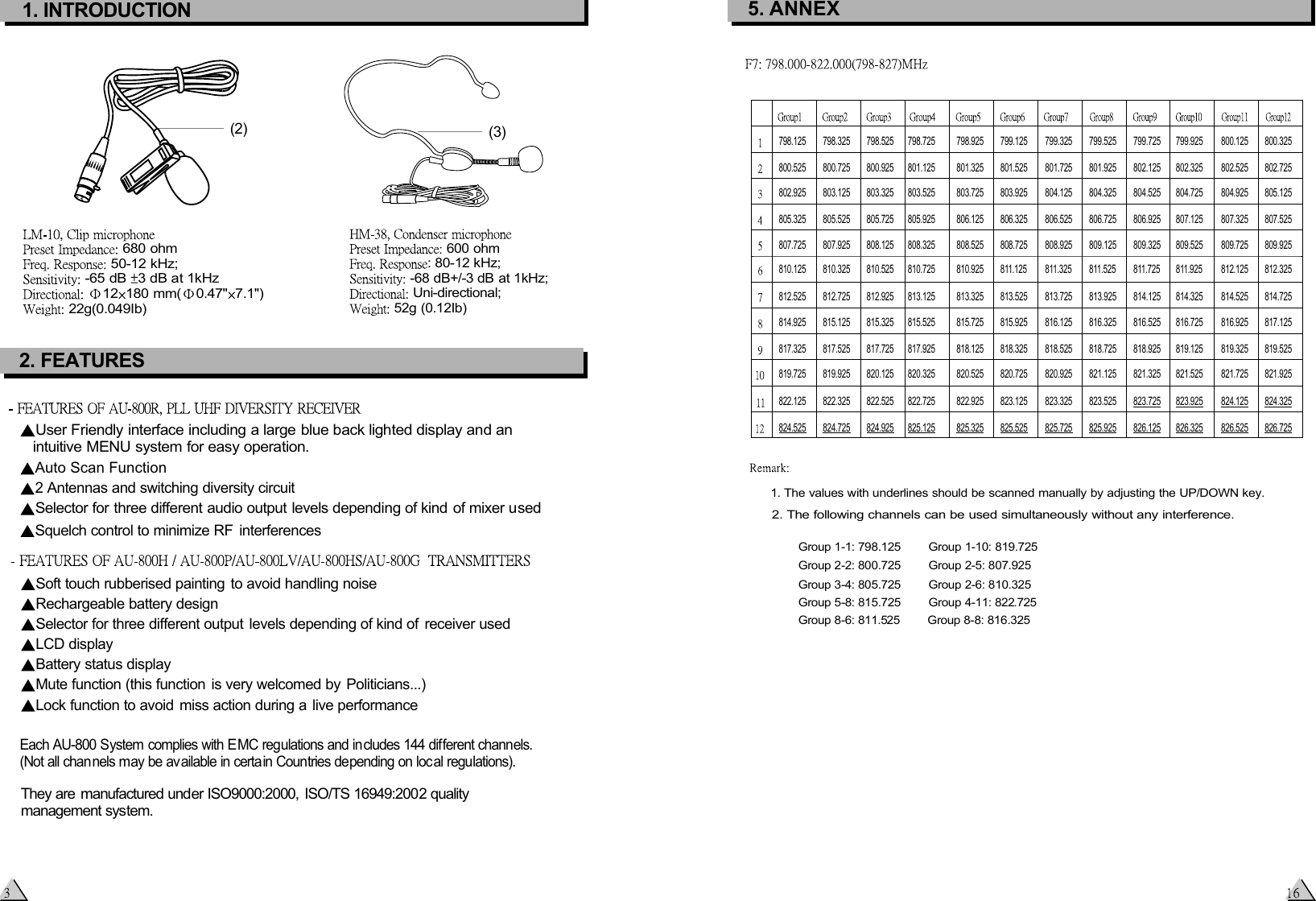                           Group 1-1: 798.125        Group 1-10: 819.725                          Group 2-2: 800.725        Group 2-5: 807.925                          Group 3-4: 805.725        Group 2-6: 810.325                          Group 5-8: 815.725        Group 4-11: 822.725                          Group 8-6: 811.525        Group 8-8: 816.3252. FEATURESUser Friendly interface including a large blue back lighted display and an    intuitive MENU system for easy operation.Auto Scan Function2 Antennas and switching diversity circuitSelector for three different audio output levels depending of kind of mixer usedSquelch control to minimize RF  interferencesSoft touch rubberised painting to avoid handling noiseRechargeable battery designSelector for three different output levels depending of kind of  receiver usedLCD displayBattery status displayMute function (this function is very welcomed by Politicians...)Lock function to avoid miss action during a live performance  Each AU-800 System complies with E MC regulations and includes 144 different channels.   (Not all channels may be av ailable in certa in Countries depending on loc al regulations).  They are manufactured under ISO9000:2000,  ISO/TS 16949:2002 quality    management system.1. INTRODUCTION 680 ohm  50-12 kHz; -65 dB  3 dB at 1kHz 12 180 mm( 0.47&quot; 7.1&quot;) 22g(0.049Ib) 600 ohm : 80-12 kHz; -68 dB+/-3 dB at 1kHz; Uni-directional;  52g (0.12Ib)(2) (3)798.125  798.325  798.525  798.725  798.925  799.125  799.325  799.525  799.725  799.925  800.125  800.325 800.525  800.725  800.925  801.125  801.325  801.525  801.725  801.925  802.125  802.325  802.525  802.725 802.925  803.125  803.325  803.525  803.725  803.925  804.125  804.325  804.525  804.725  804.925  805.125 805.325  805.525  805.725  805.925  806.125  806.325  806.525  806.725  806.925  807.125  807.325  807.525 807.725  807.925  808.125 808.325  808.525  808.725  808.925  809.125  809.325 809.525  809.725 809.925 810.125 810.325 810.525 810.725  810.925 811.125 811.325 811.525 811.725 811.925 812.125 812.325 812.525 812.725 812.925 813.125  813.325 813.525 813.725 813.925 814.125 814.325 814.525 814.725 814.925 815.125 815.325 815.525 815.725 815.925 816.125 816.325 816.525 816.725 816.925 817.125 817.325 817.525 817.725 817.925 818.125 818.325 818.525 818.725 818.925 819.125 819.325 819.525 819.725 819.925 820.125 820.325 820.525 820.725 820.925 821.125 821.325 821.525 821.725 821.925 822.125 822.325 822.525 822.725 822.925 823.125 823.325 823.525 823.725 823.925 824.125 824.325 824.525 824.725 824.925 825.125 825.325 825.525 825.725 825.925 826.125 826.325 826.525 826.725 1. The values with underlines should be scanned manually by adjusting the UP/DOWN key. 2. The following channels can be used simultaneously without any interference. 5. ANNEX